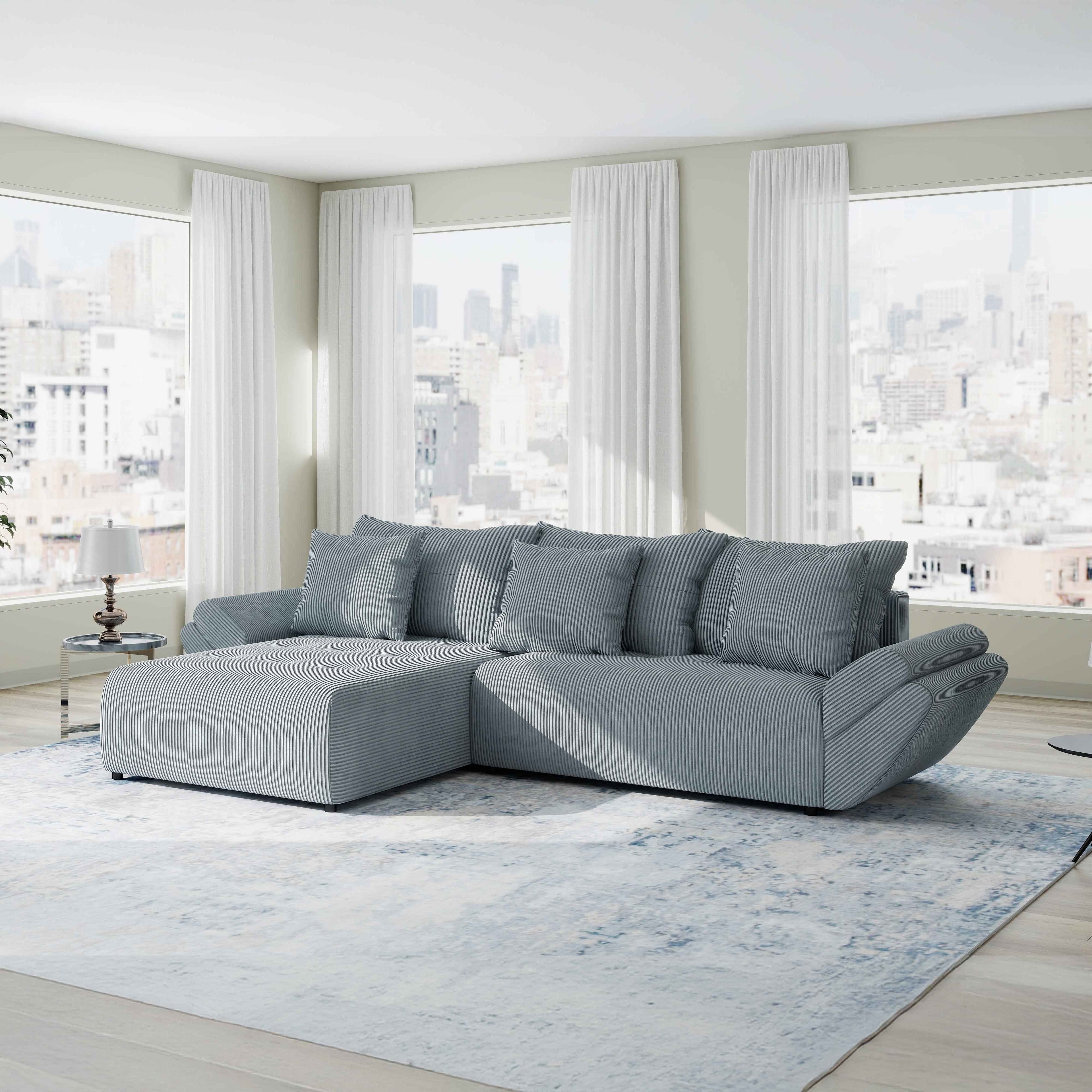 Colțar extensibil dumonde cu ladă de depozitare si sezut confortabil din spuma high-density, Berlin Zoom Gri Mint 280x185 cm