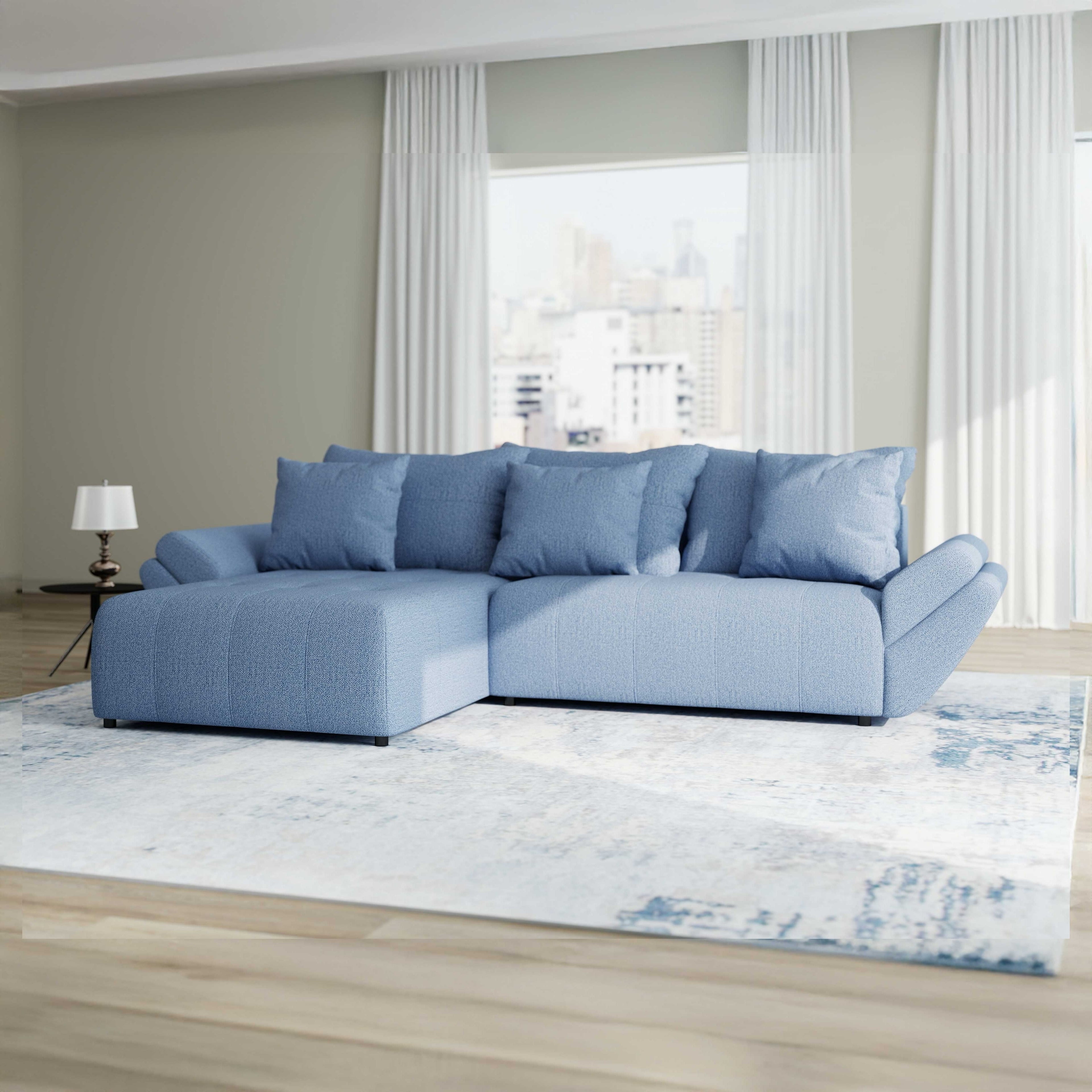 Colțar extensibil dumonde cu ladă de depozitare si sezut confortabil din spuma high-density, Berlin Enjoy Albastru 280x185 cm