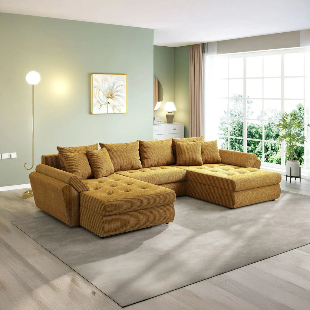 Colțar extensibil dumonde cu ladă de depozitare si sezut confortabil din spuma high-density, Loana U Zoom Mustar 355x185 cm