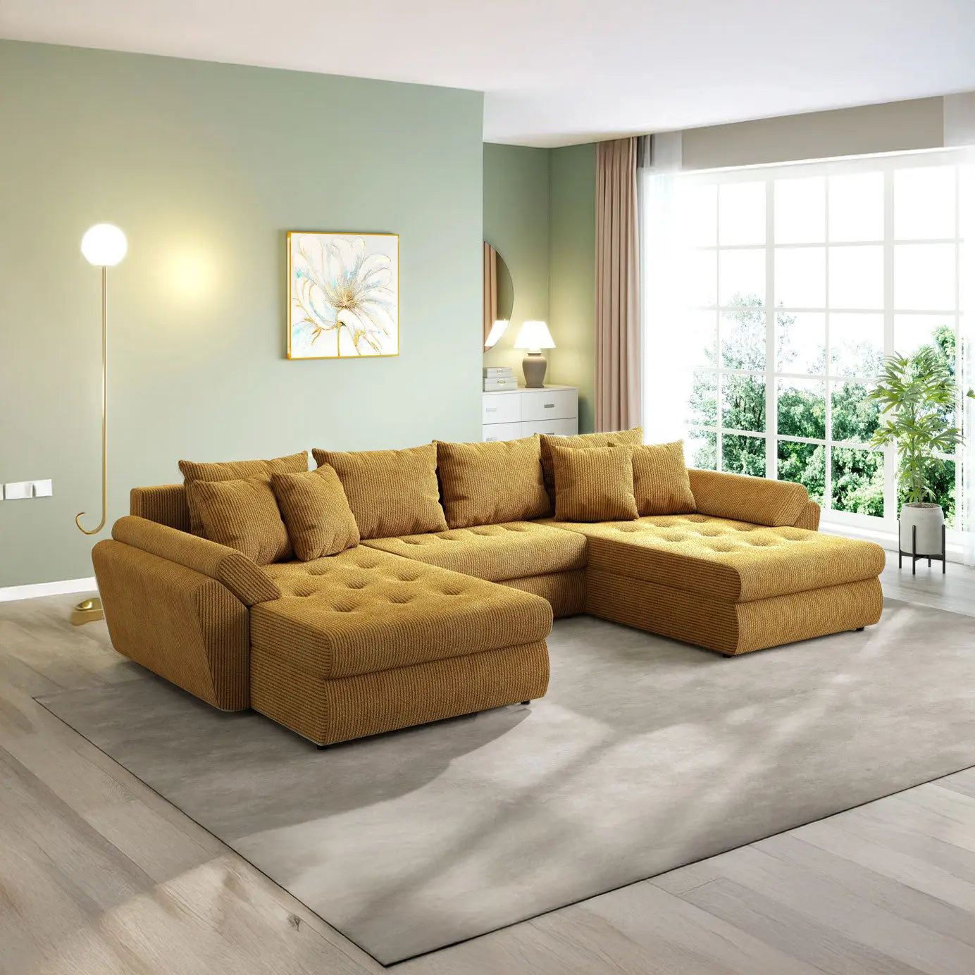 Colțar extensibil dumonde cu ladă de depozitare si sezut confortabil din spuma high-density, Loana U Zoom Mustar 355x185 cm