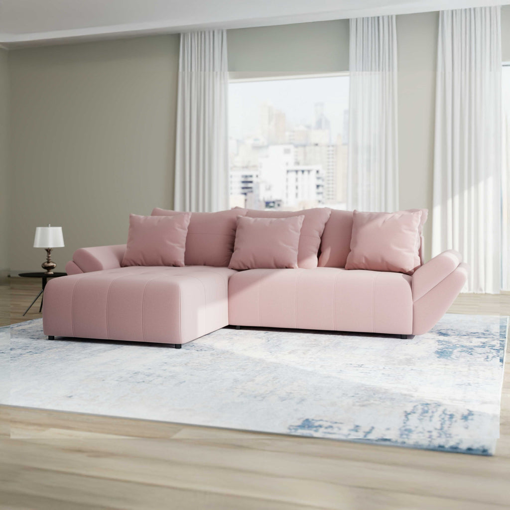 Colțar extensibil dumonde cu ladă de depozitare si sezut confortabil din spuma high-density, Berlin Royal Roz 280x185 cm
