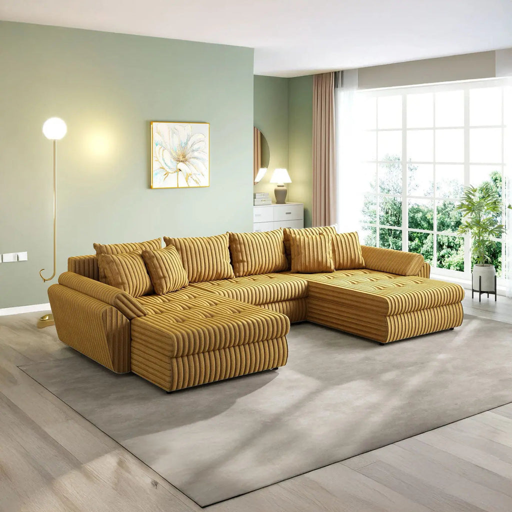 Colțar extensibil dumonde cu ladă de depozitare si sezut confortabil din spuma high-density, Loana U Ambience Mustar 355x185 cm
