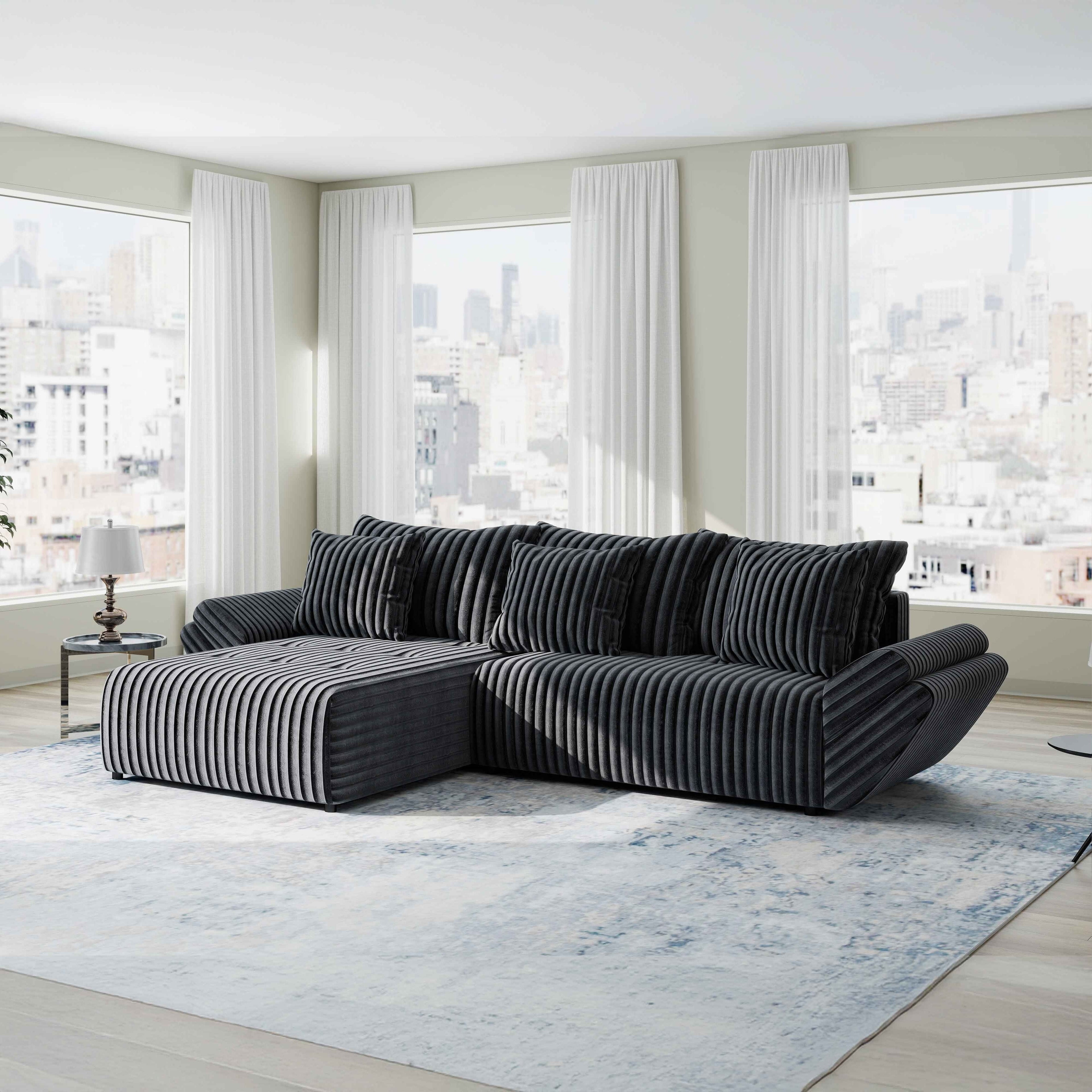 Colțar extensibil dumonde cu ladă de depozitare si sezut confortabil din spuma high-density, Berlin Ambience Gri 280x185 cm