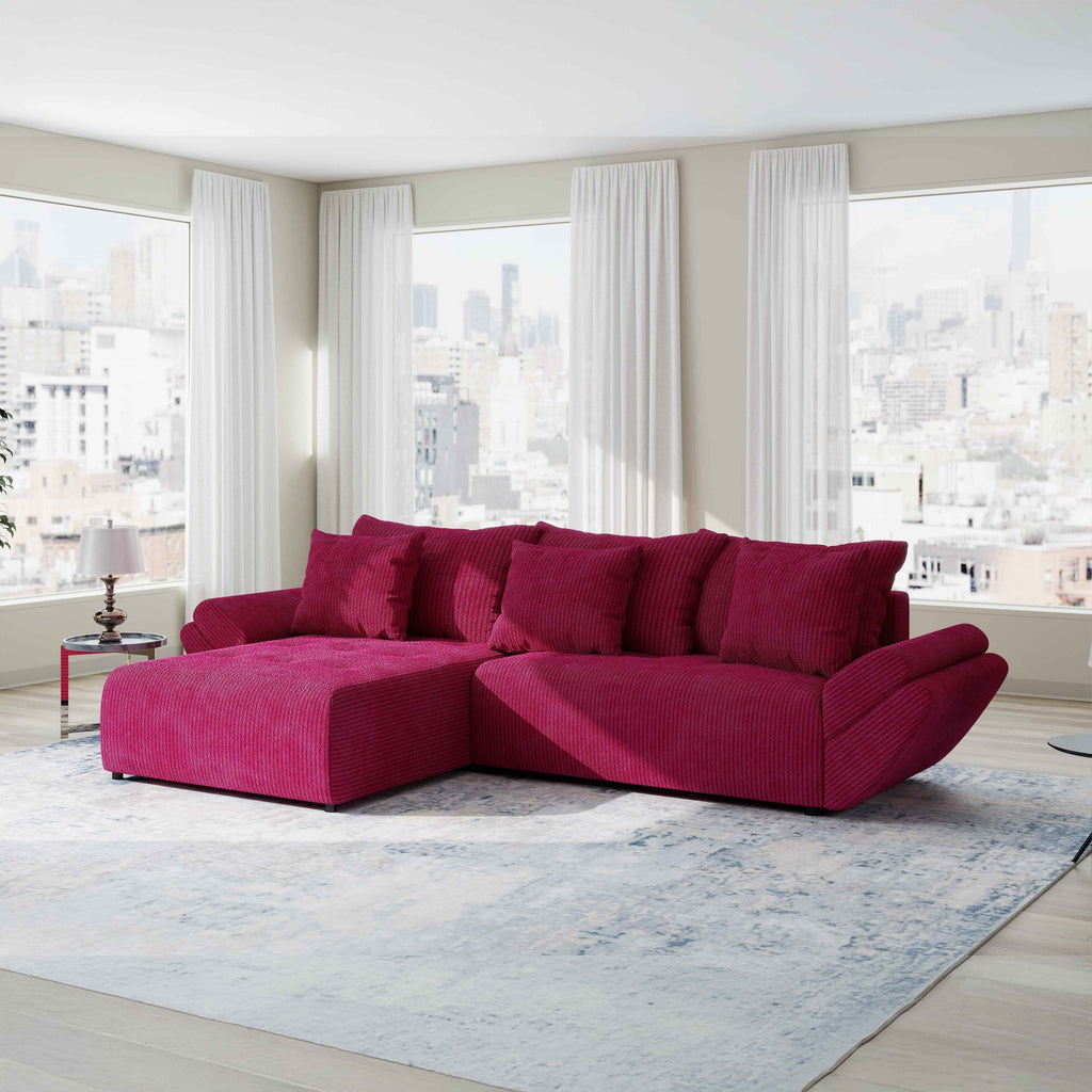 Colțar extensibil dumonde cu ladă de depozitare si sezut confortabil din spuma high-density, Berlin Zoom Rosu 280x185 cm