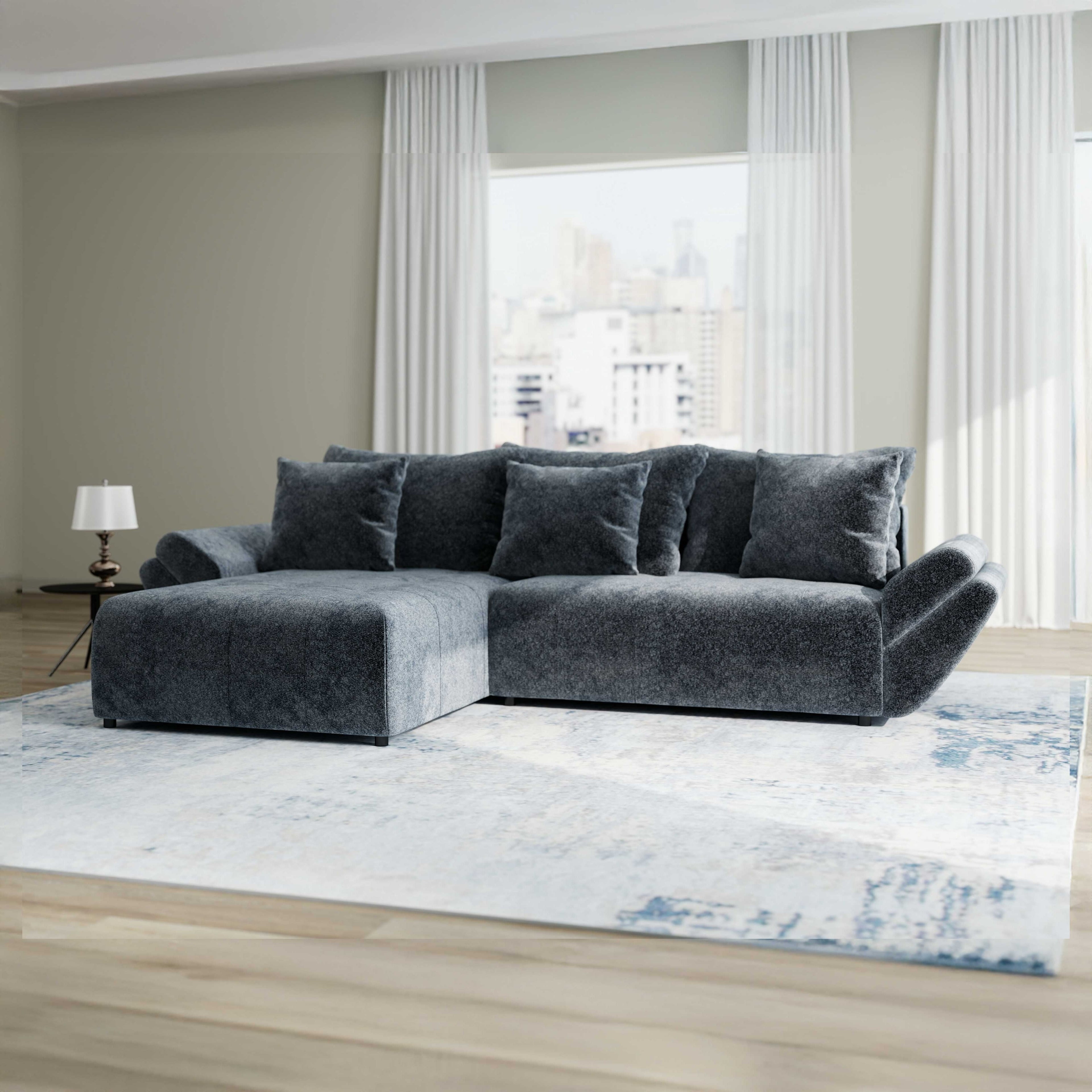 Colțar extensibil dumonde cu ladă de depozitare si sezut confortabil din spuma high-density, Berlin Euphoria Gri Grafit 280x185 cm