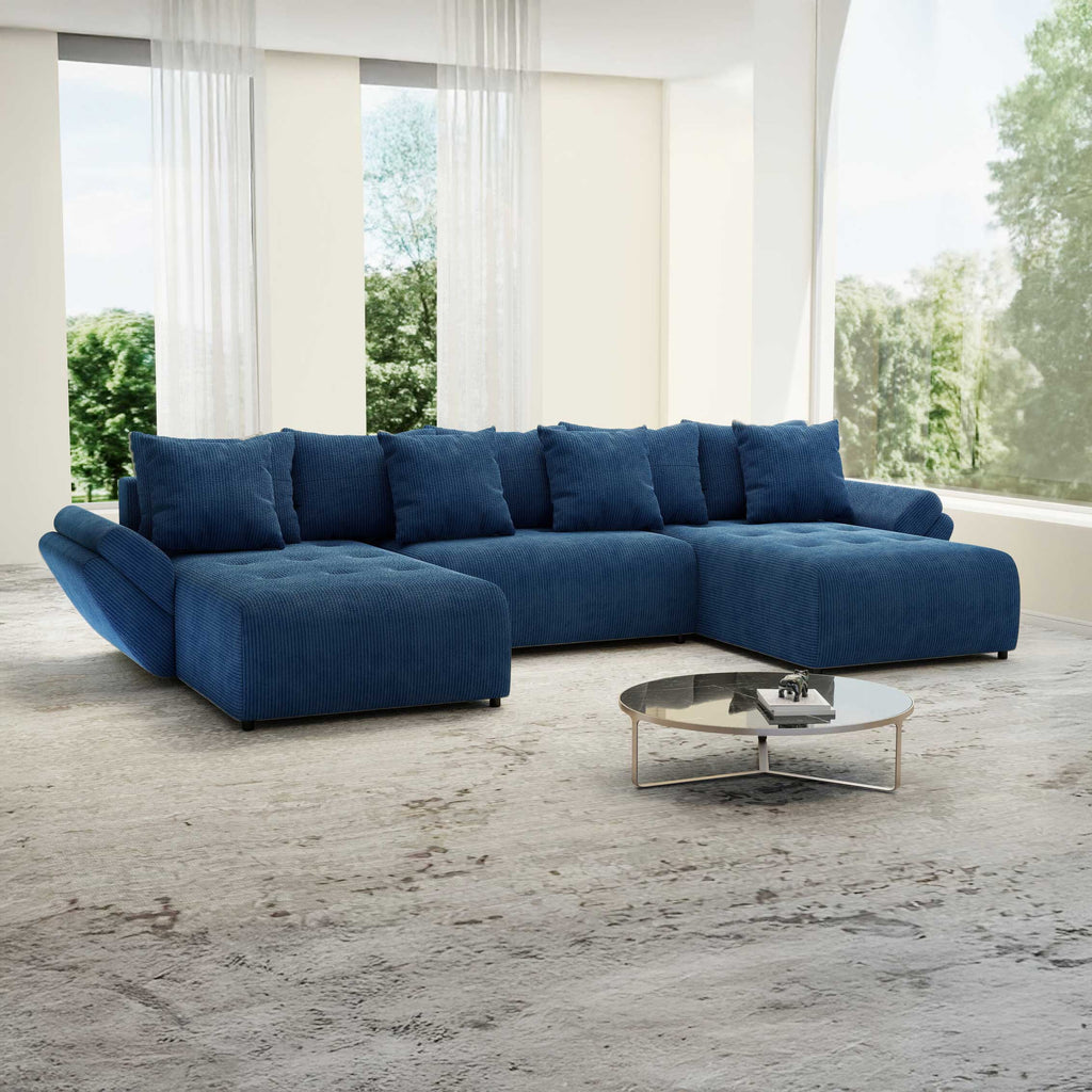 Colțar extensibil dumonde cu ladă de depozitare si sezut confortabil din spuma high-density, Berlin U Zoom Blue 380x180 cm