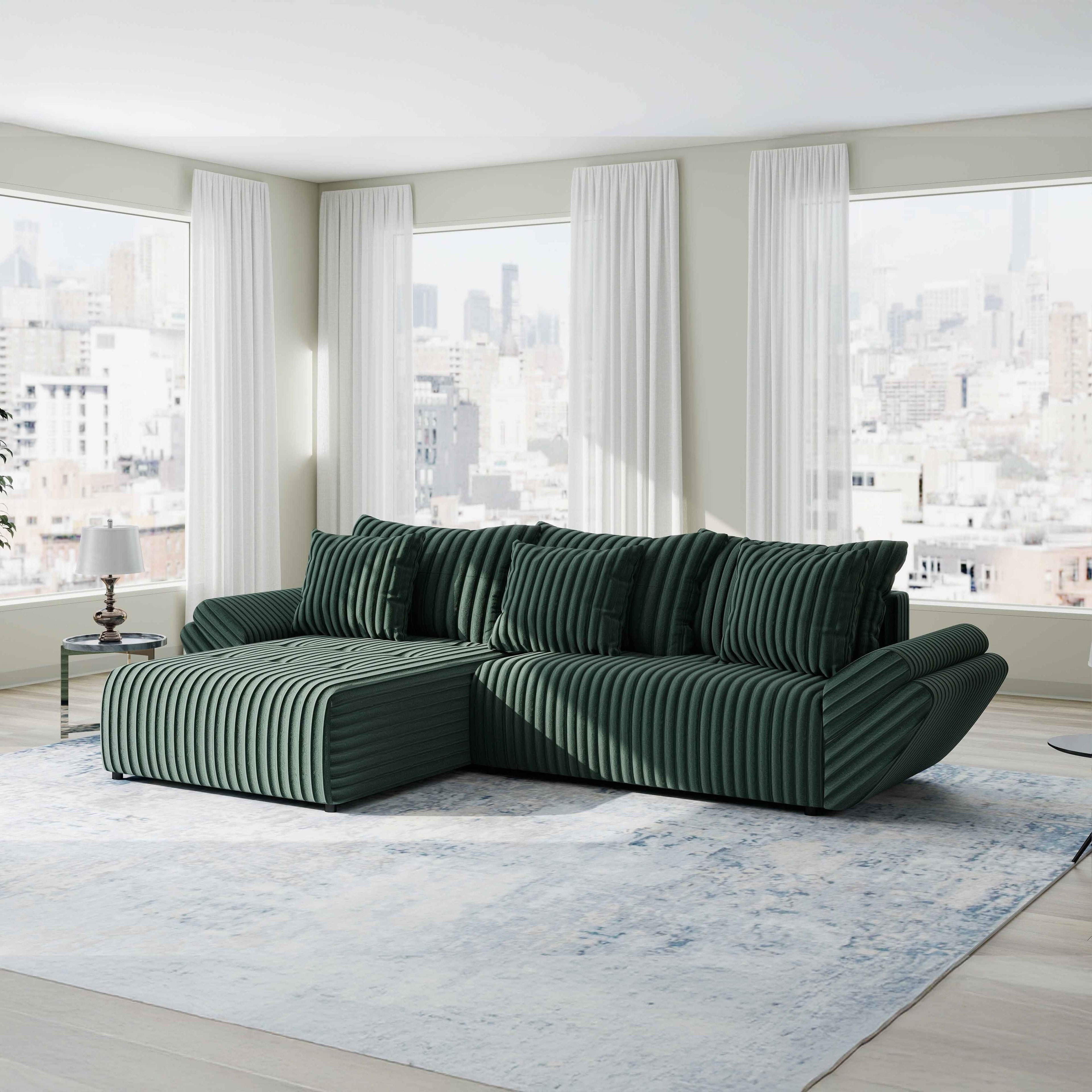 Colțar extensibil dumonde cu ladă de depozitare si sezut confortabil din spuma high-density, Berlin Ambience Verde 280x185 cm