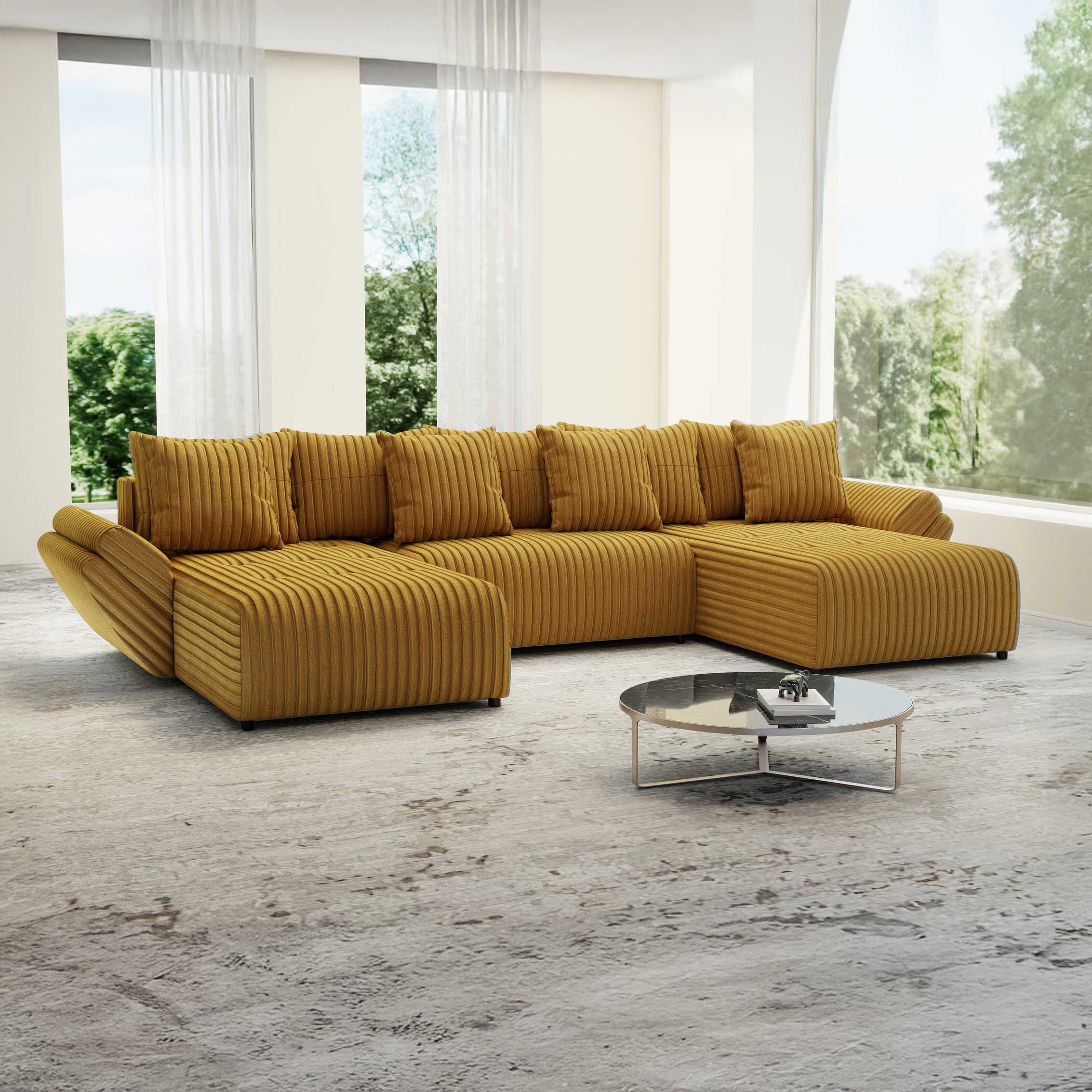 Colțar extensibil dumonde cu ladă de depozitare si sezut confortabil din spuma high-density, Berlin U Ambiance Mustar 380x180 cm