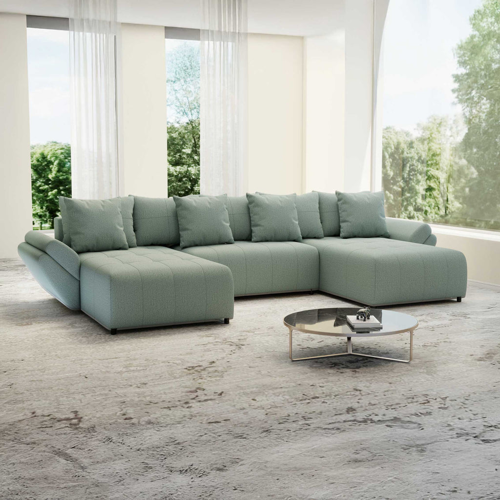 Colțar extensibil dumonde cu ladă de depozitare si sezut confortabil din spuma high-density, Berlin U Enjoy Mint 380x180 cm