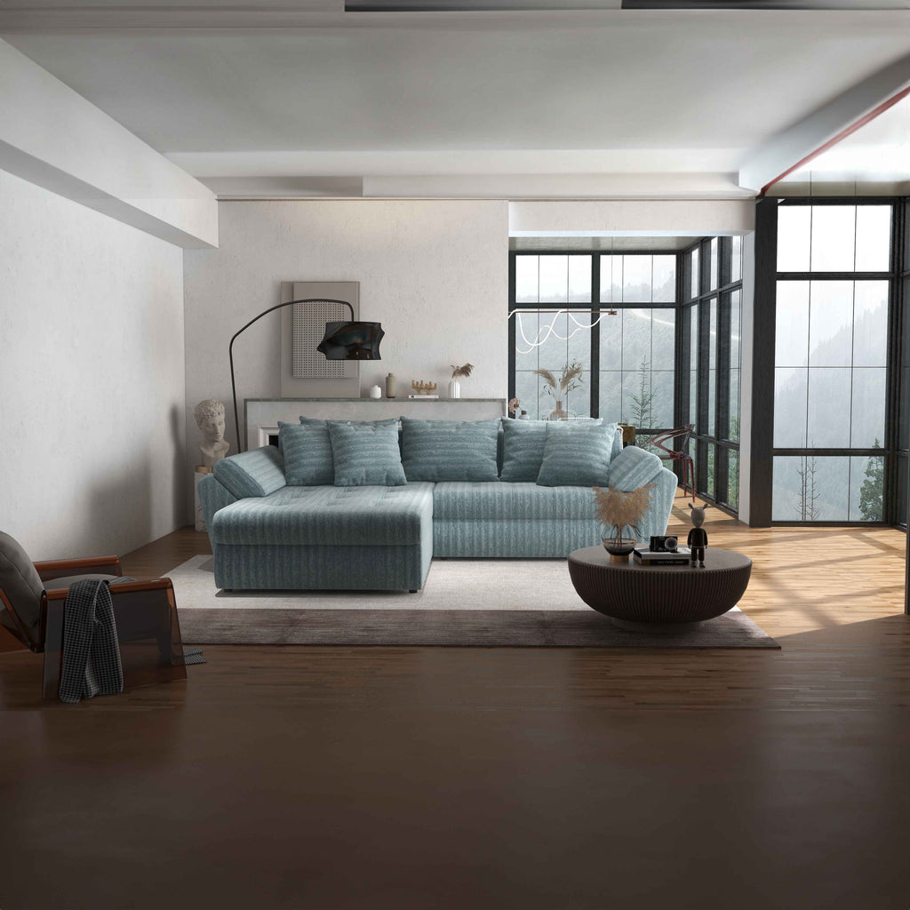 Colțar extensibil dumonde cu ladă de depozitare si sezut confortabil din spuma high-density, Loana Mint Ambience 270x185 cm