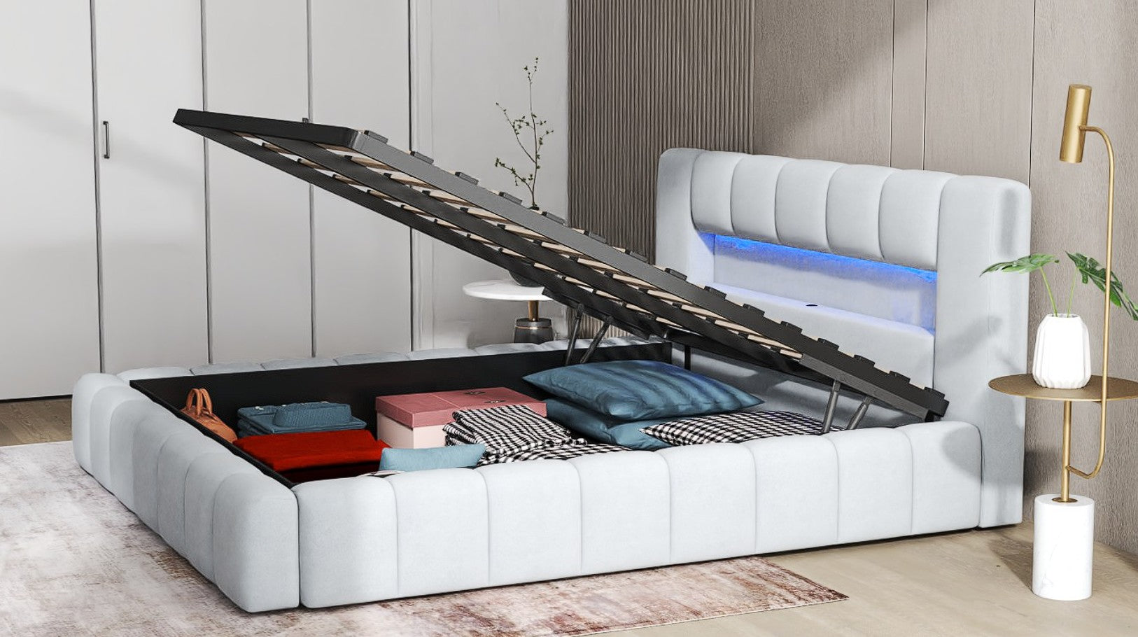 Pat dormitor dumonde, tapitat bej cu LED si USB, Palermo 160x200 cm, somiera rabatabila inclusa, spatiu depozitare