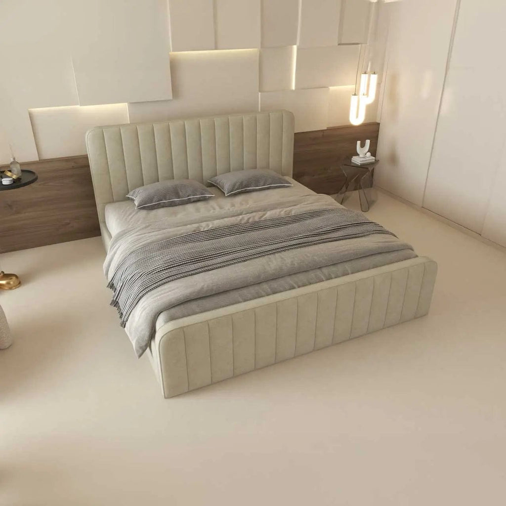 Pat dormitor dumonde, tapitat bej, Loft 160x200 cm, somiera rabatabila inclusa, spatiu depozitare