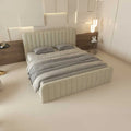 Pat dormitor dumonde, tapitat bej, Loft 160x200 cm, somiera rabatabila inclusa, spatiu depozitare