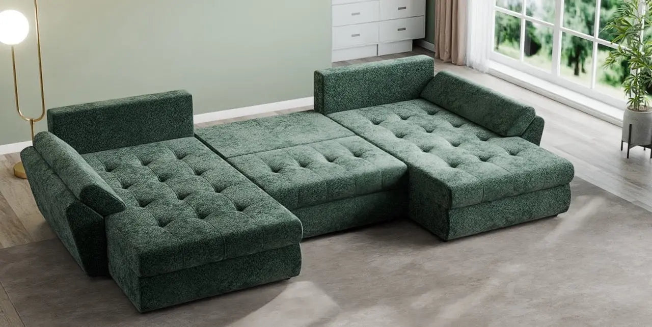 Colțar extensibil dumonde cu ladă de depozitare si sezut confortabil din spuma high-density, Loana U Euphoria Green 355x185 cm