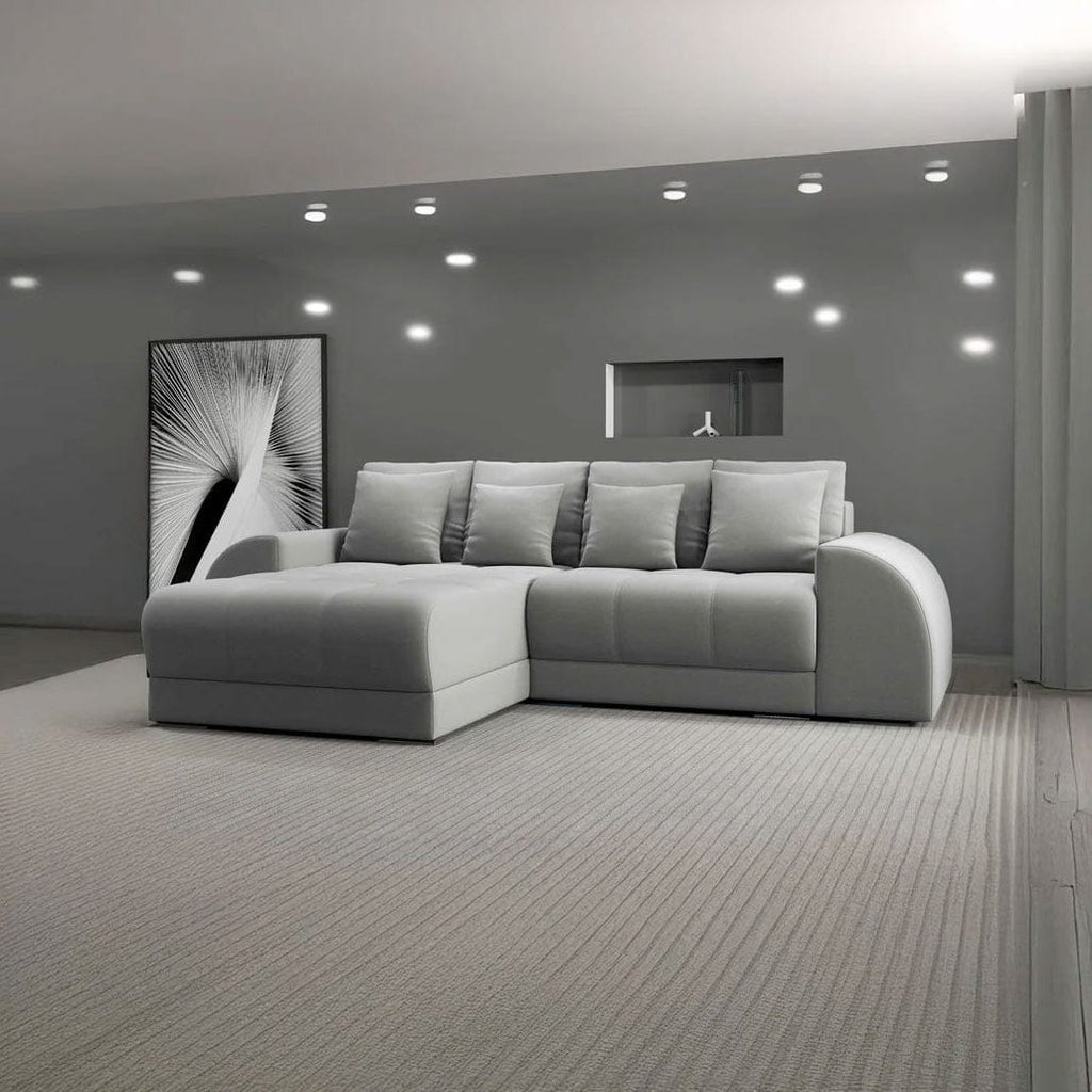 Colțar extensibil dumonde cu ladă de depozitare si sezut confortabil din spuma high-density, Verona Royal Gri 290x185 cm