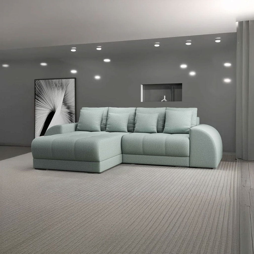 Colțar extensibil dumonde cu ladă de depozitare si sezut confortabil din spuma high-density, Verona Enjoy Mint 290x185 cm