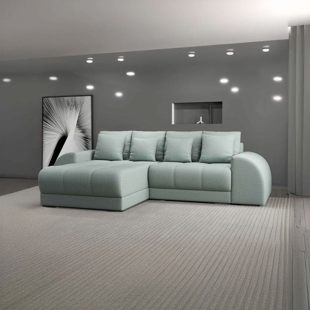 Colțar extensibil dumonde cu ladă de depozitare si sezut confortabil din spuma high-density, Verona Enjoy Mint 290x185 cm