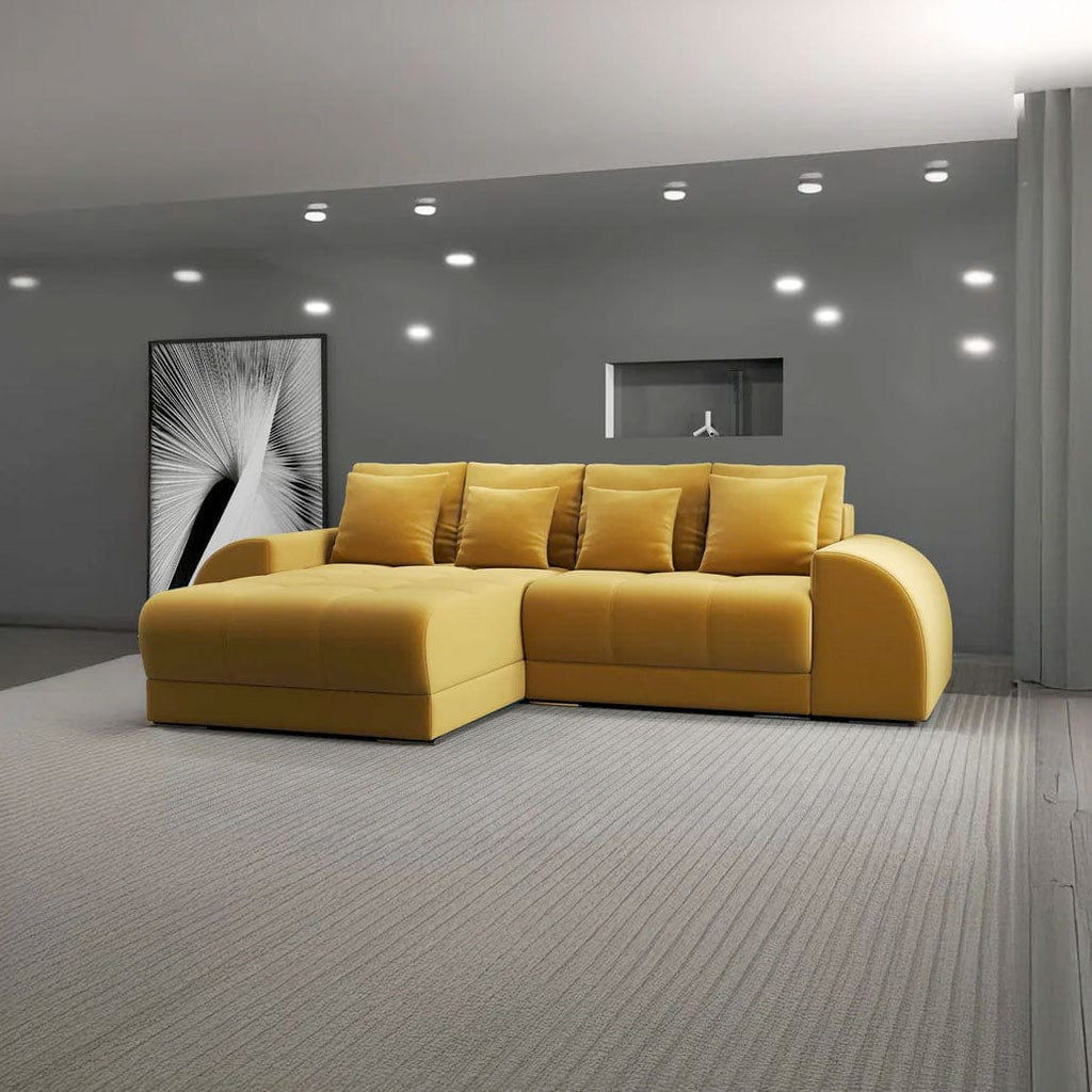 Colțar extensibil dumonde cu ladă de depozitare si sezut confortabil din spuma high-density, Verona Royal Mustar 290x185 cm