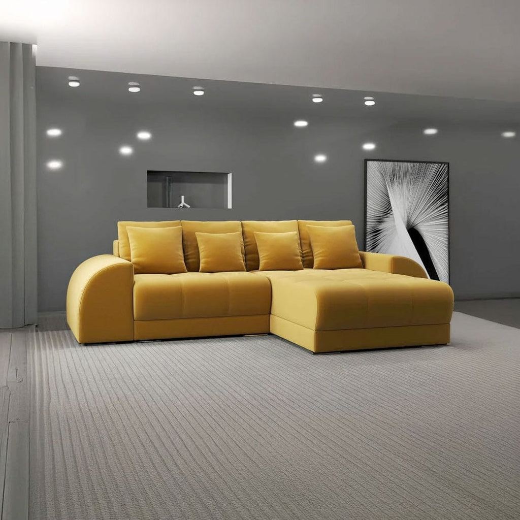 Colțar extensibil dumonde cu ladă de depozitare si sezut confortabil din spuma high-density, Verona Royal Mustar II 290x185 cm