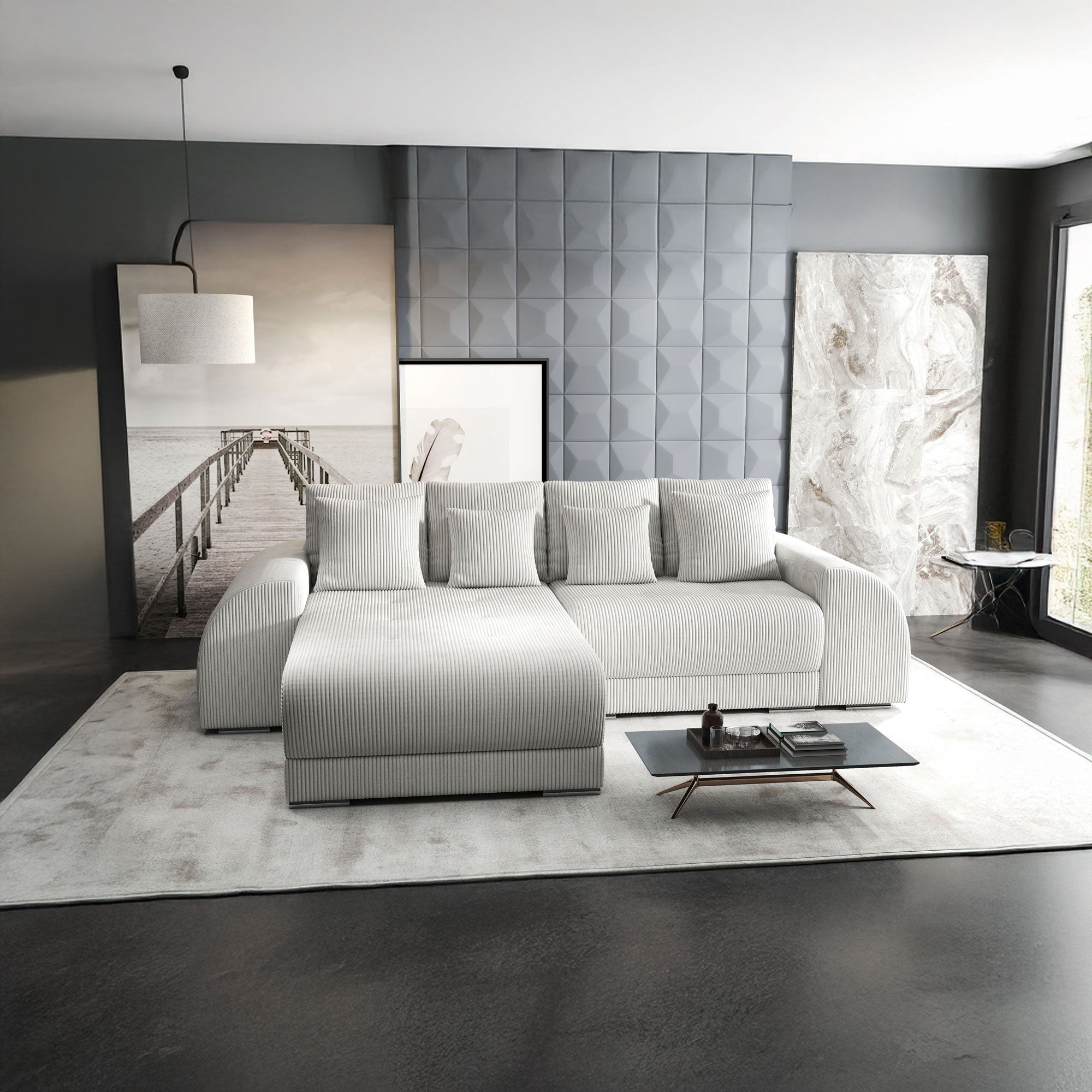 Colțar extensibil dumonde cu ladă de depozitare si sezut confortabil din spuma high-density, Verona Zoom Crem 290x185 cm