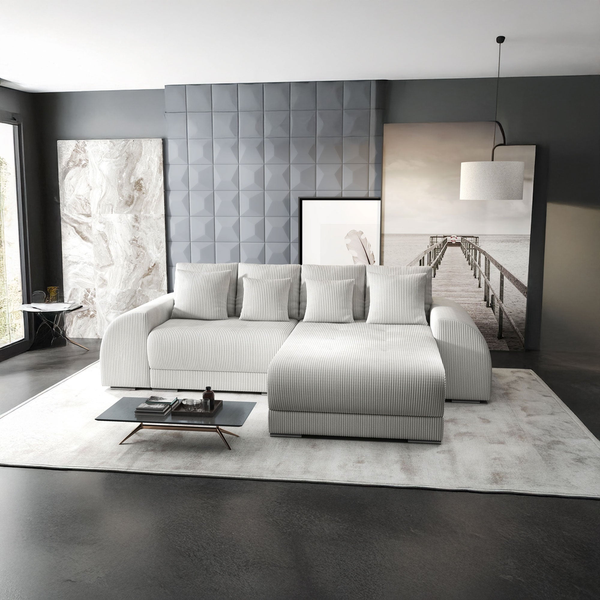 Colțar extensibil dumonde cu ladă de depozitare si sezut confortabil din spuma high-density, Verona Zoom Crem II 290x185 cm