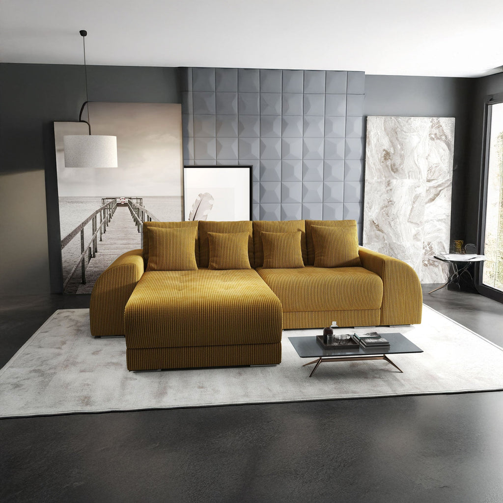 Colțar extensibil dumonde cu ladă de depozitare si sezut confortabil din spuma high-density, Verona Zoom Mustar 290x185 cm