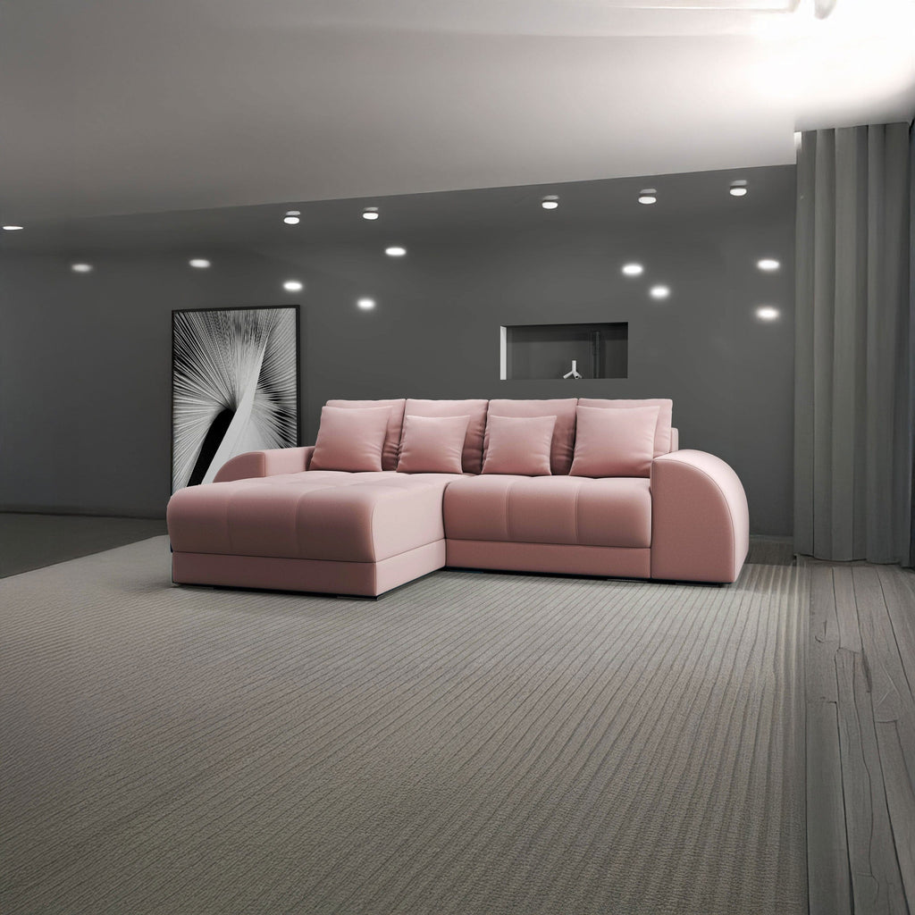 Colțar extensibil dumonde cu ladă de depozitare si sezut confortabil din spuma high-density, Verona Royal Roz 290x185 cm