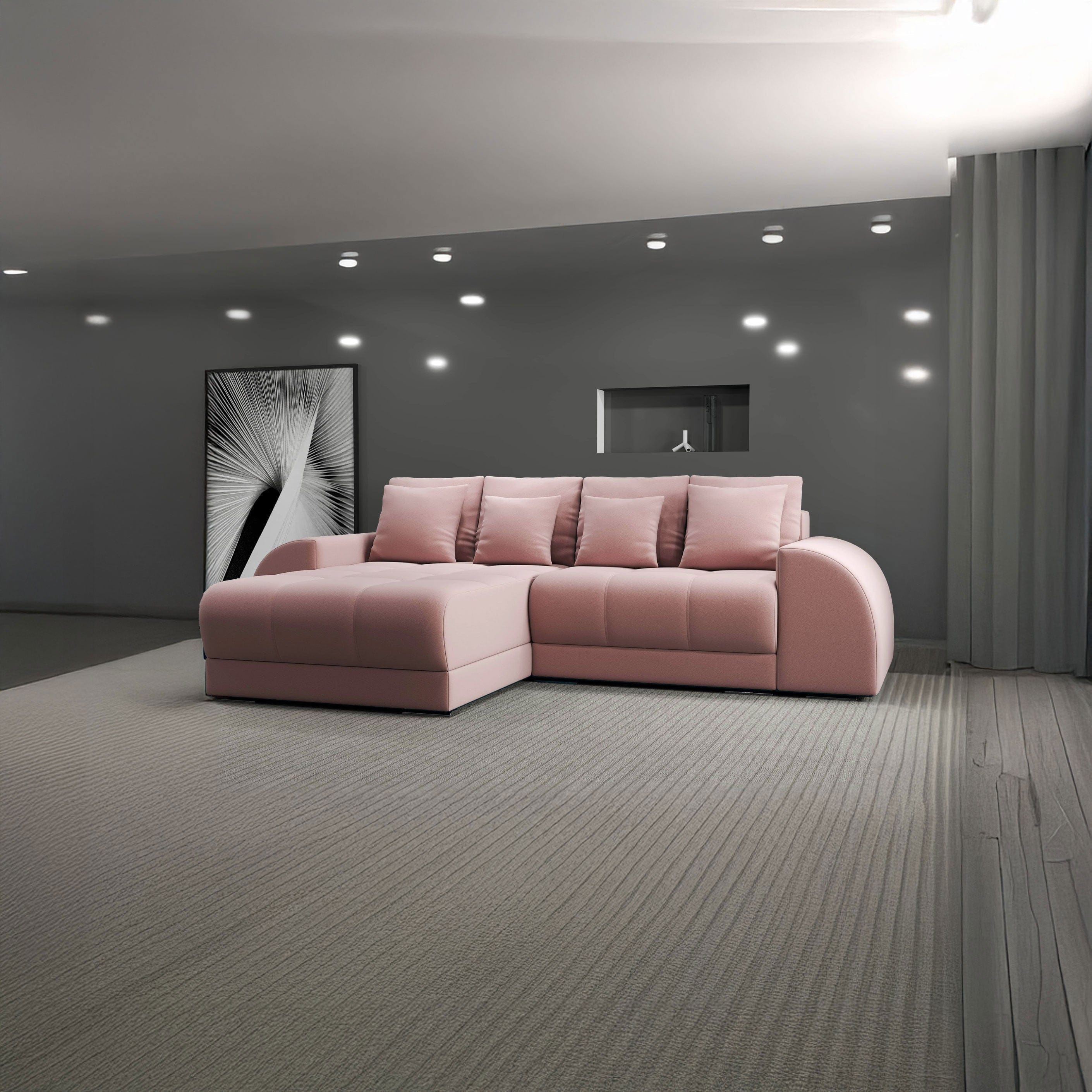 Colțar extensibil dumonde cu ladă de depozitare si sezut confortabil din spuma high-density, Verona Royal Roz 290x185 cm