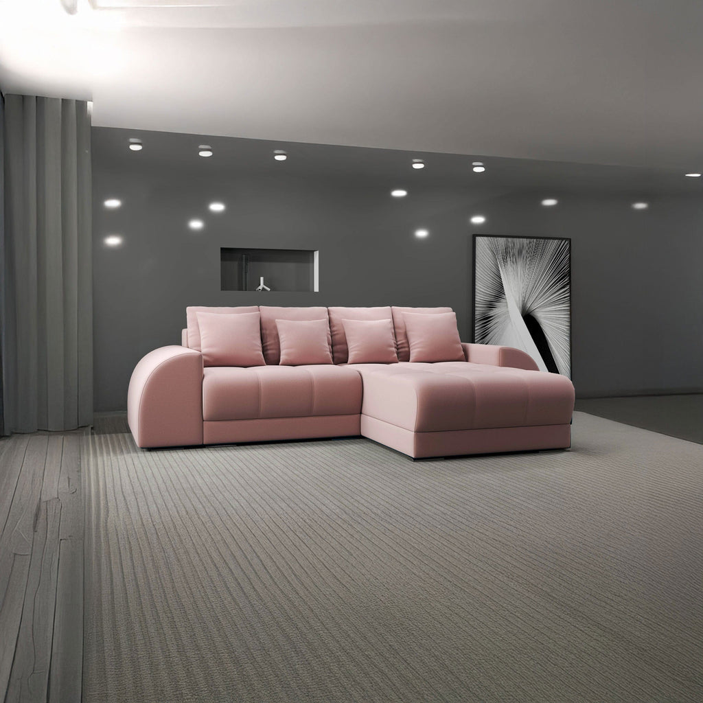 Colțar extensibil dumonde cu ladă de depozitare si sezut confortabil din spuma high-density, Verona Royal Roz II 290x185 cm
