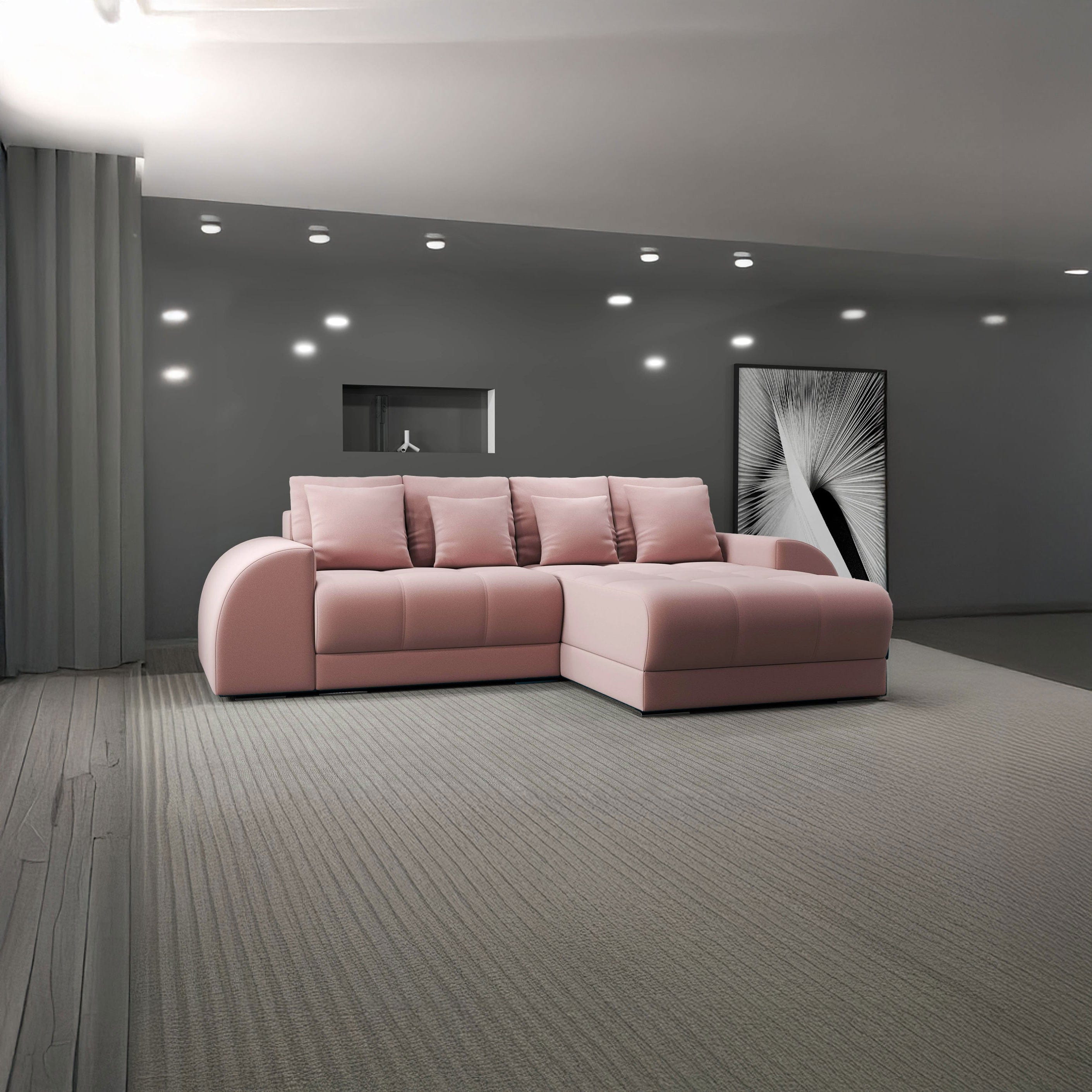 Colțar extensibil dumonde cu ladă de depozitare si sezut confortabil din spuma high-density, Verona Royal Roz II 290x185 cm