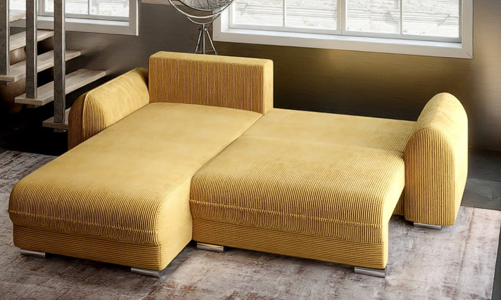 Colțar extensibil dumonde cu ladă de depozitare si sezut confortabil din spuma high-density, Denver Zoom Mustar 275x185 cm