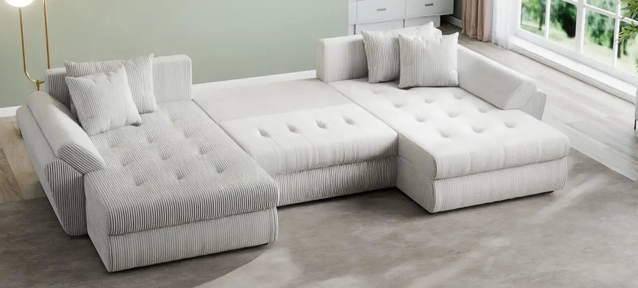 Colțar extensibil dumonde cu ladă de depozitare si sezut confortabil din spuma high-density, Loana U Zoom Cream 355x185 cm