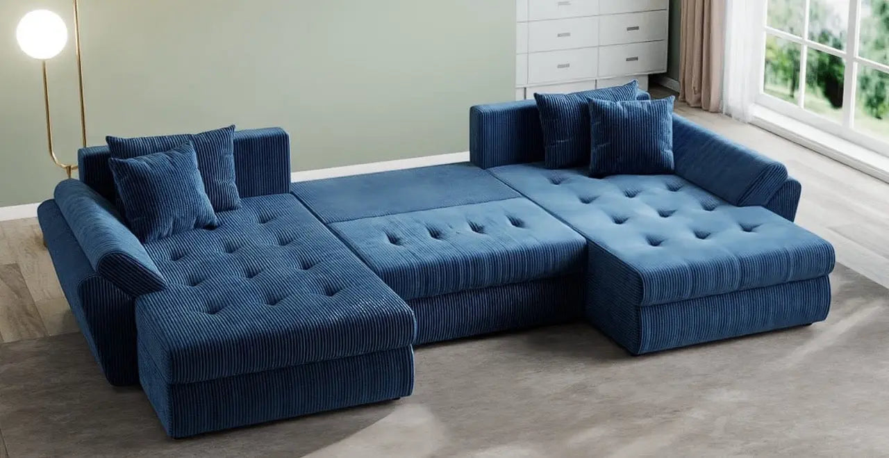 Colțar extensibil dumonde cu ladă de depozitare si sezut confortabil din spuma high-density, Loana U Zoom Blue 355x185 cm