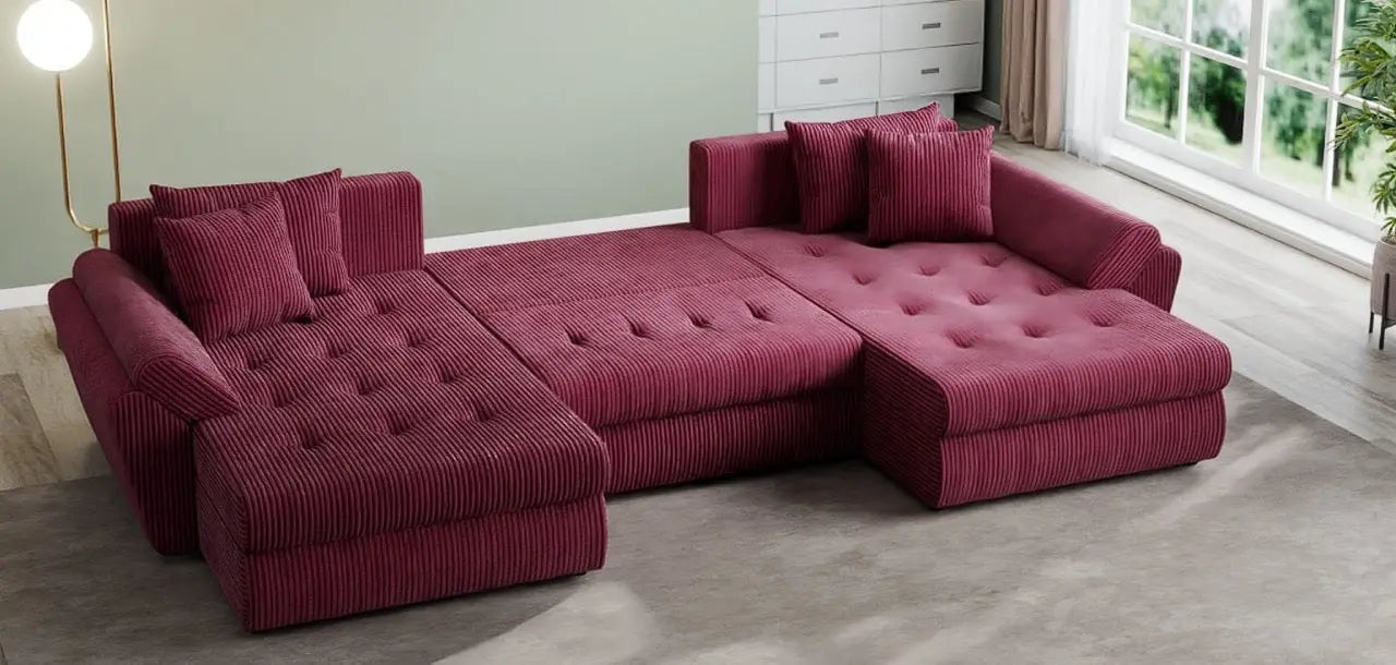 Colțar extensibil dumonde cu ladă de depozitare si sezut confortabil din spuma high-density, Loana U Zoom Red 355x185 cm