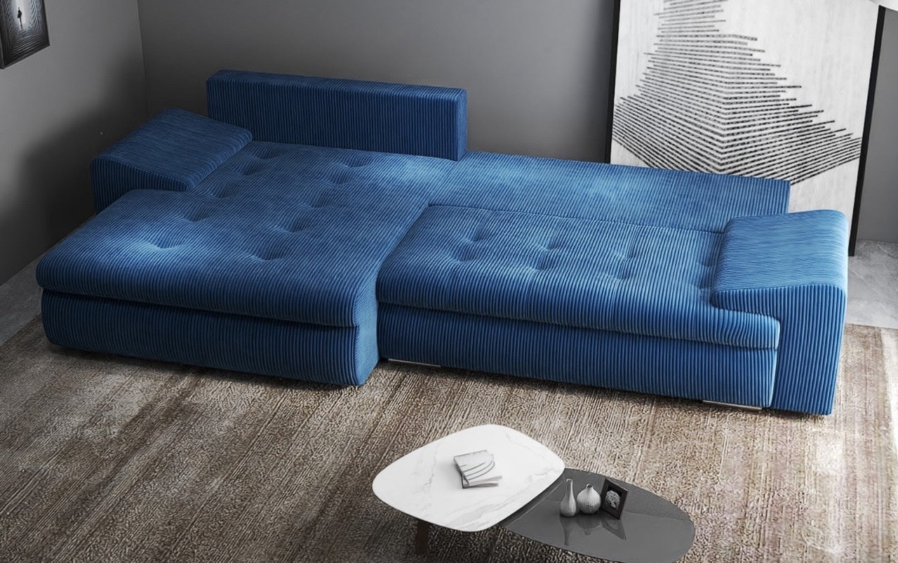 Colțar extensibil dumonde cu ladă de depozitare si sezut confortabil din spuma high-density, Leonardo Zoom Albastru 260x185 cm