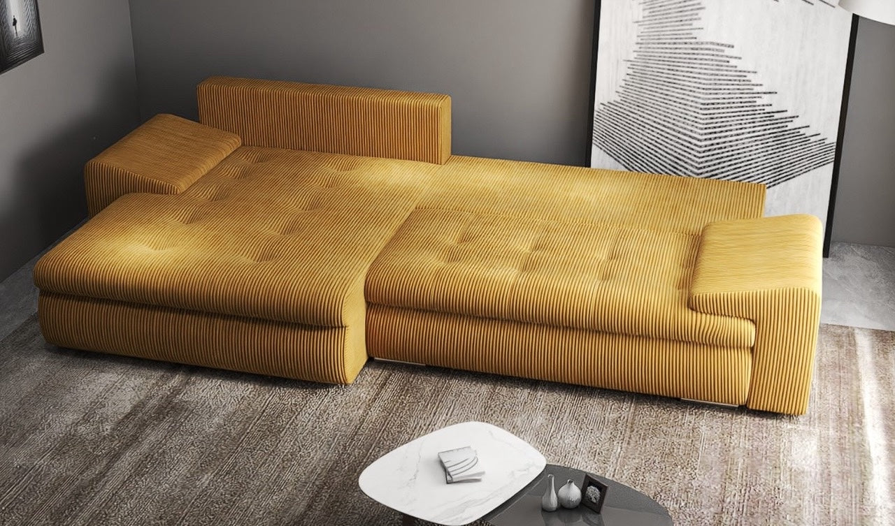 Colțar extensibil dumonde cu ladă de depozitare si sezut confortabil din spuma high-density, Leonardo Zoom Mustar 260x185 cm