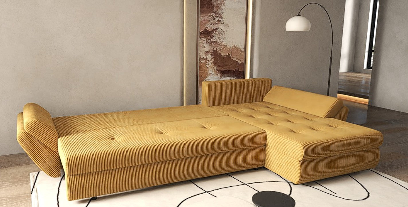Colțar extensibil dumonde cu ladă de depozitare si sezut confortabil din spuma high-density, Loana XL Zoom Mustar 335x185 cm