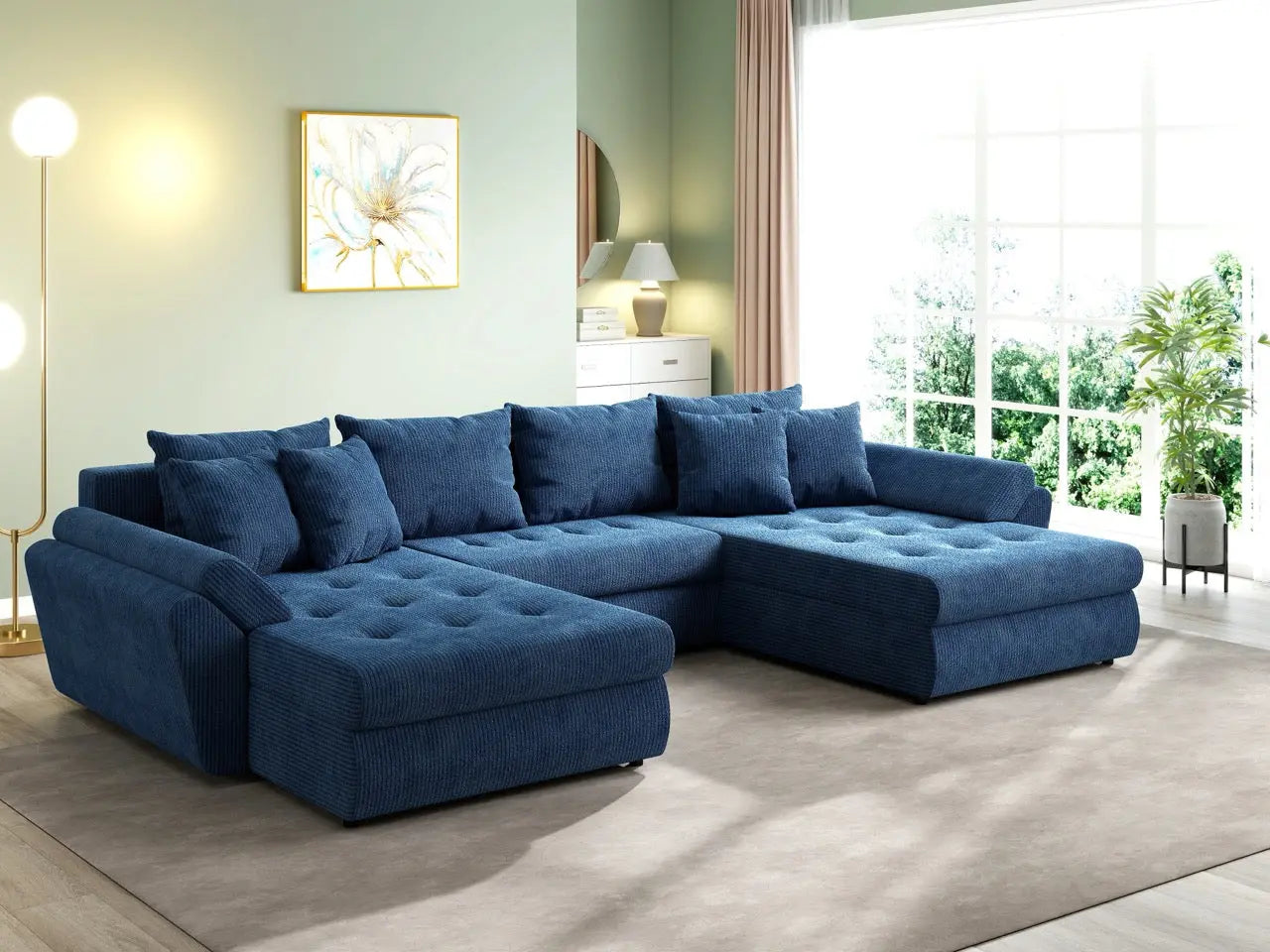 Colțar extensibil dumonde cu ladă de depozitare si sezut confortabil din spuma high-density, Loana U Zoom Blue 355x185 cm