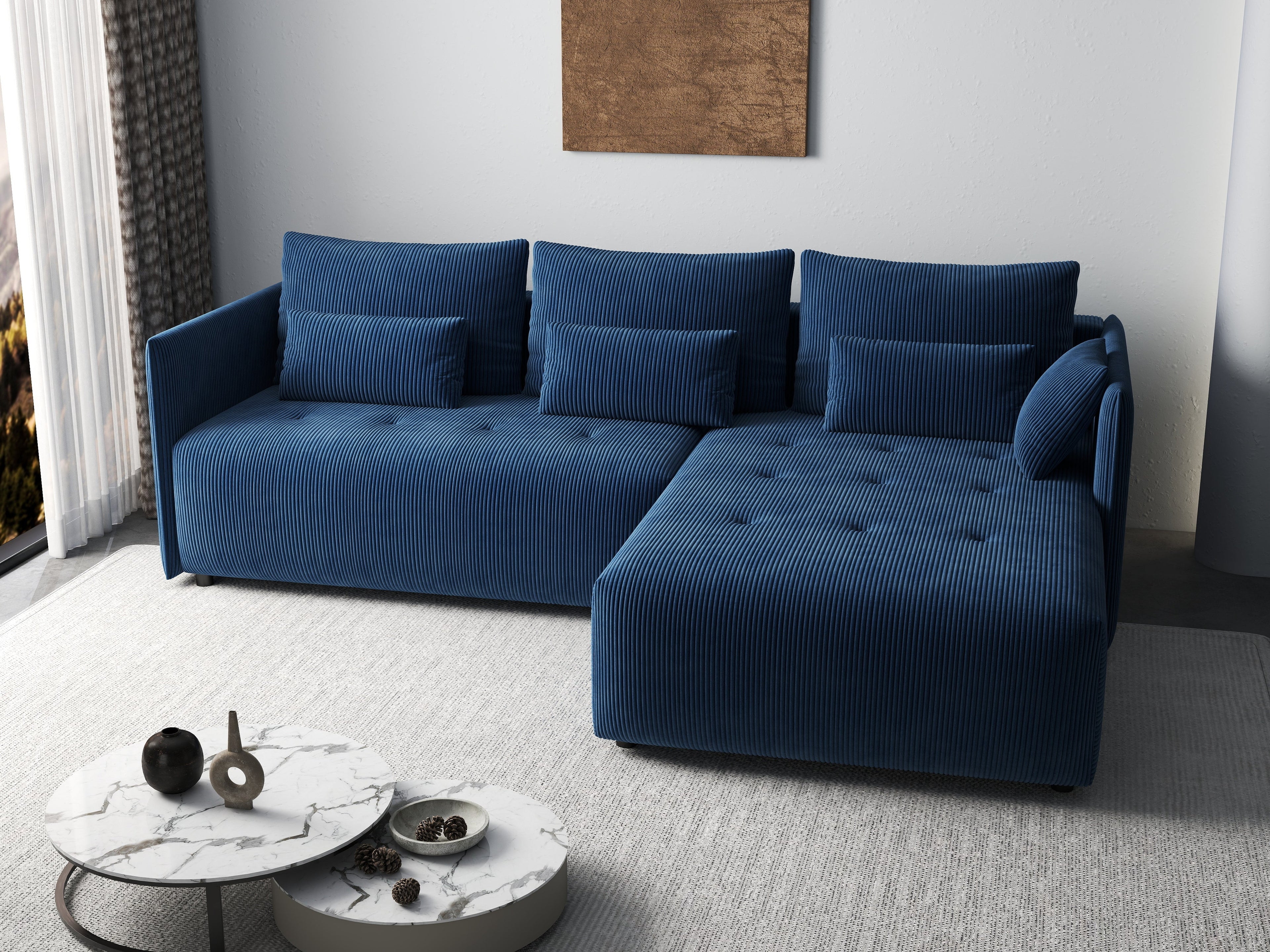 Colțar extensibil dumonde cu ladă de depozitare si sezut confortabil din spuma high-density, Malta Zoom Blue 235x185 cm