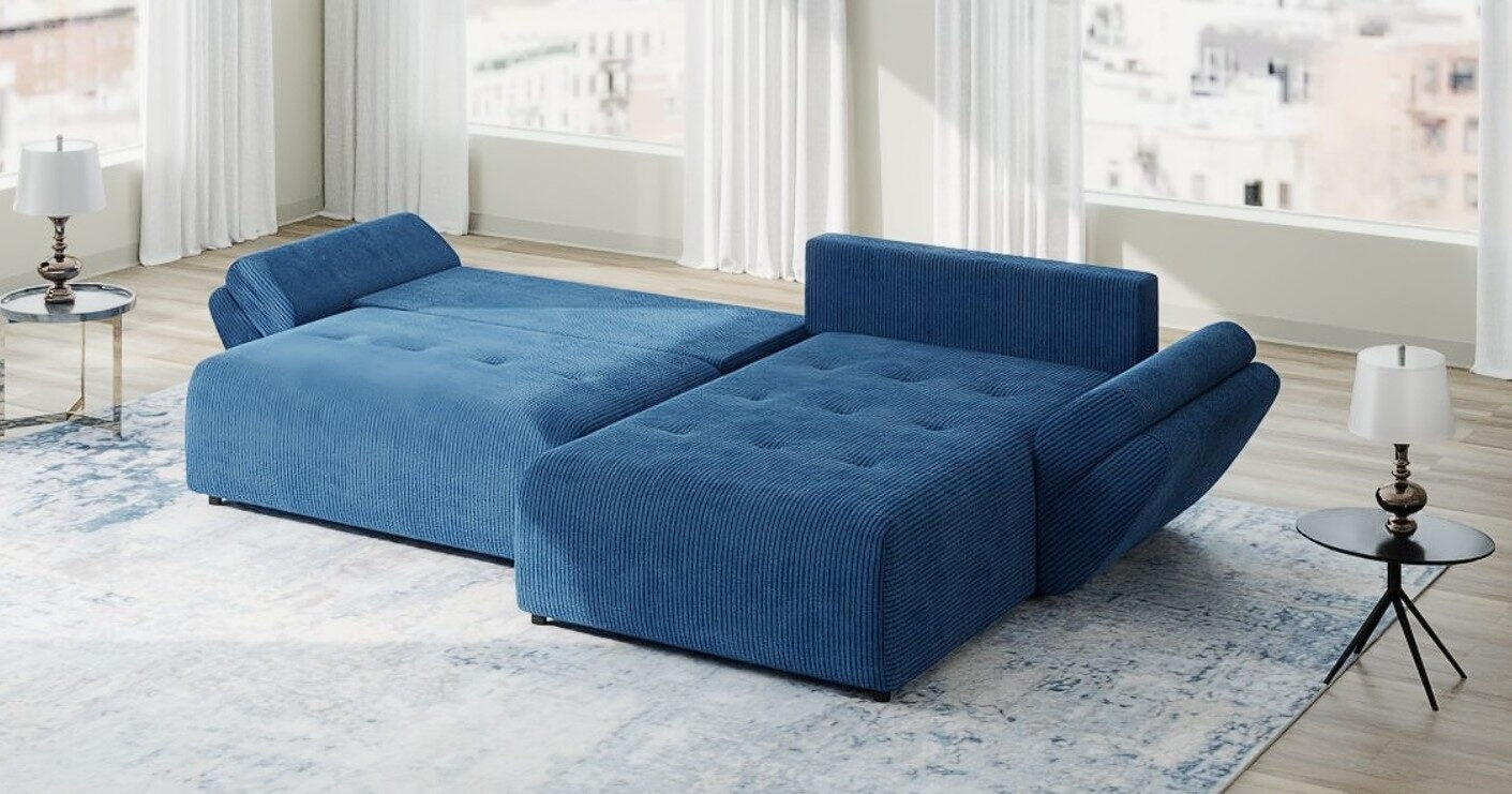 Colțar extensibil dumonde cu ladă de depozitare si sezut confortabil din spuma high-density, Berlin Zoom Albastru 280x185 cm