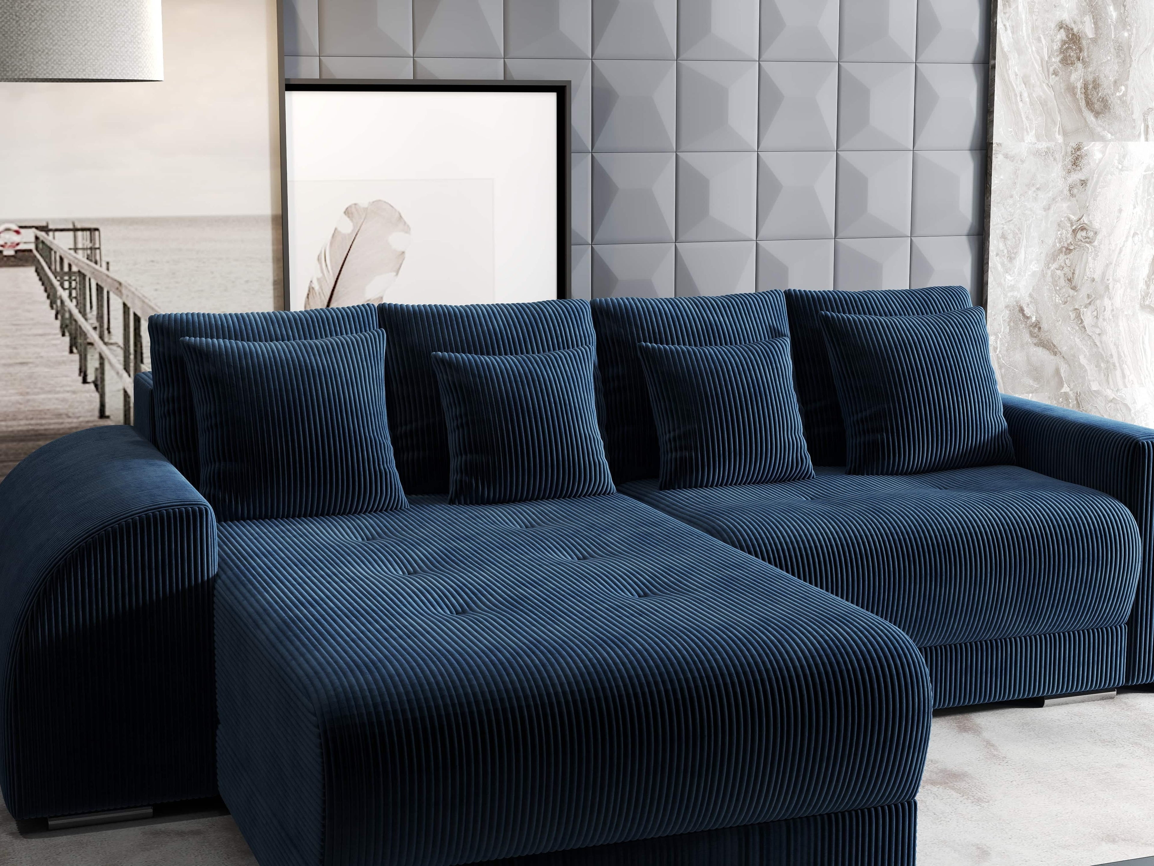 Colțar extensibil dumonde cu ladă de depozitare si sezut confortabil din spuma high-density, Verona Zoom Albastru 290x185 cm