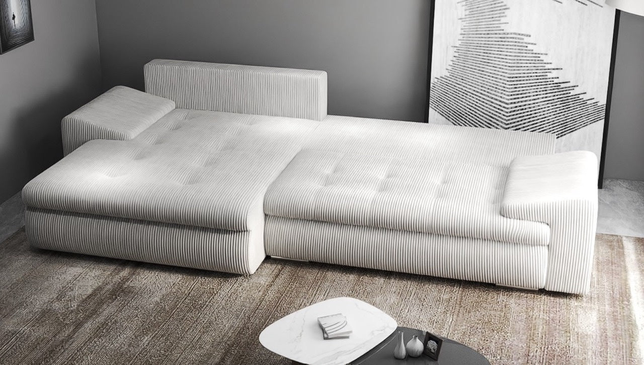 Colțar extensibil dumonde cu ladă de depozitare si sezut confortabil din spuma high-density, Leonardo Zoom Crem 260x185 cm