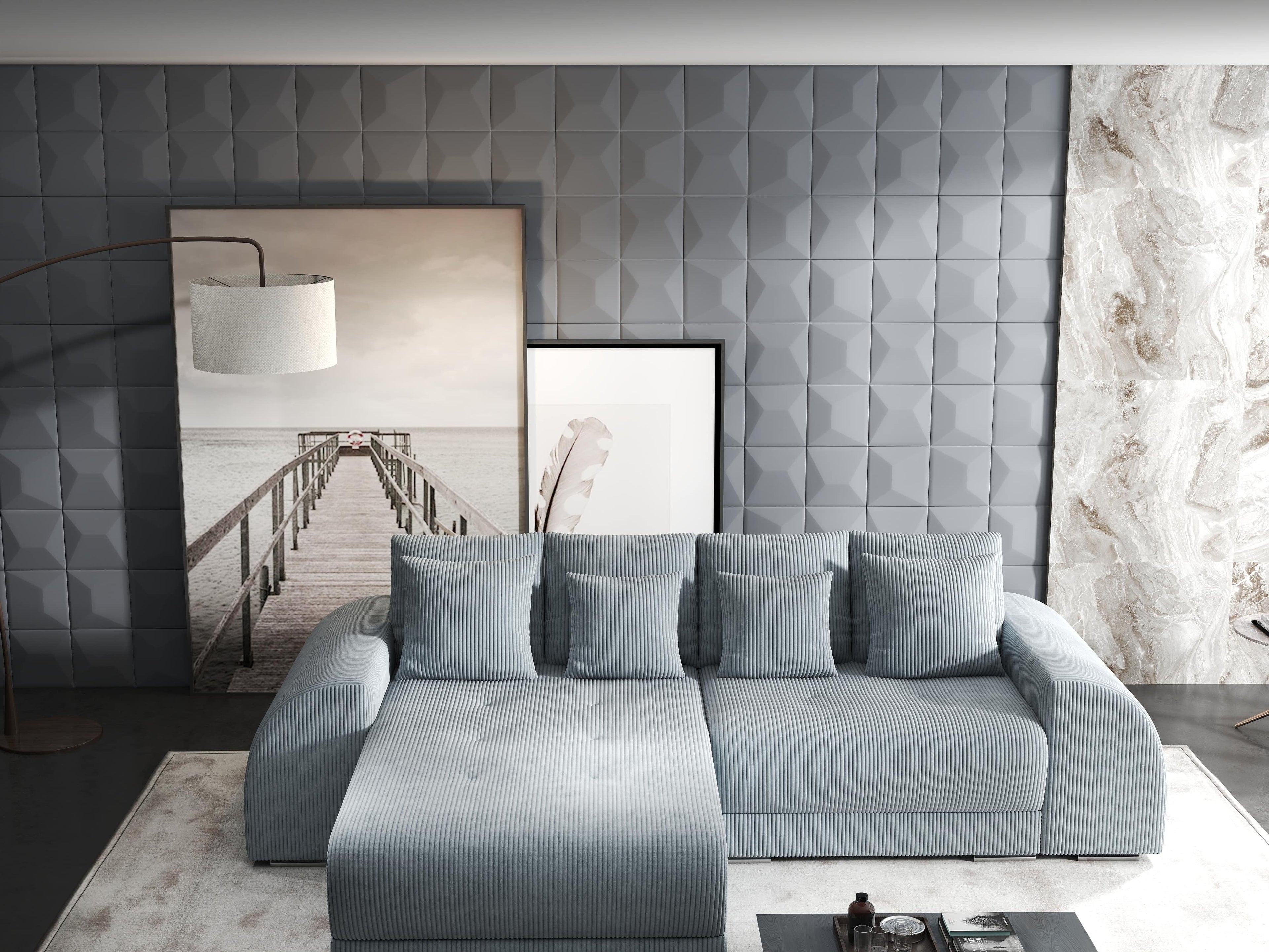 Colțar extensibil dumonde cu ladă de depozitare si sezut confortabil din spuma high-density, Verona Zoom Gri 290x185 cm