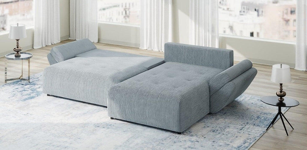 Colțar extensibil dumonde cu ladă de depozitare si sezut confortabil din spuma high-density, Berlin Zoom Gri Mint 280x185 cm