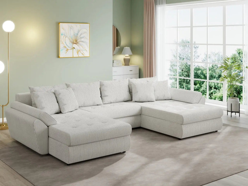 Colțar extensibil dumonde cu ladă de depozitare si sezut confortabil din spuma high-density, Loana U Zoom Cream 355x185 cm