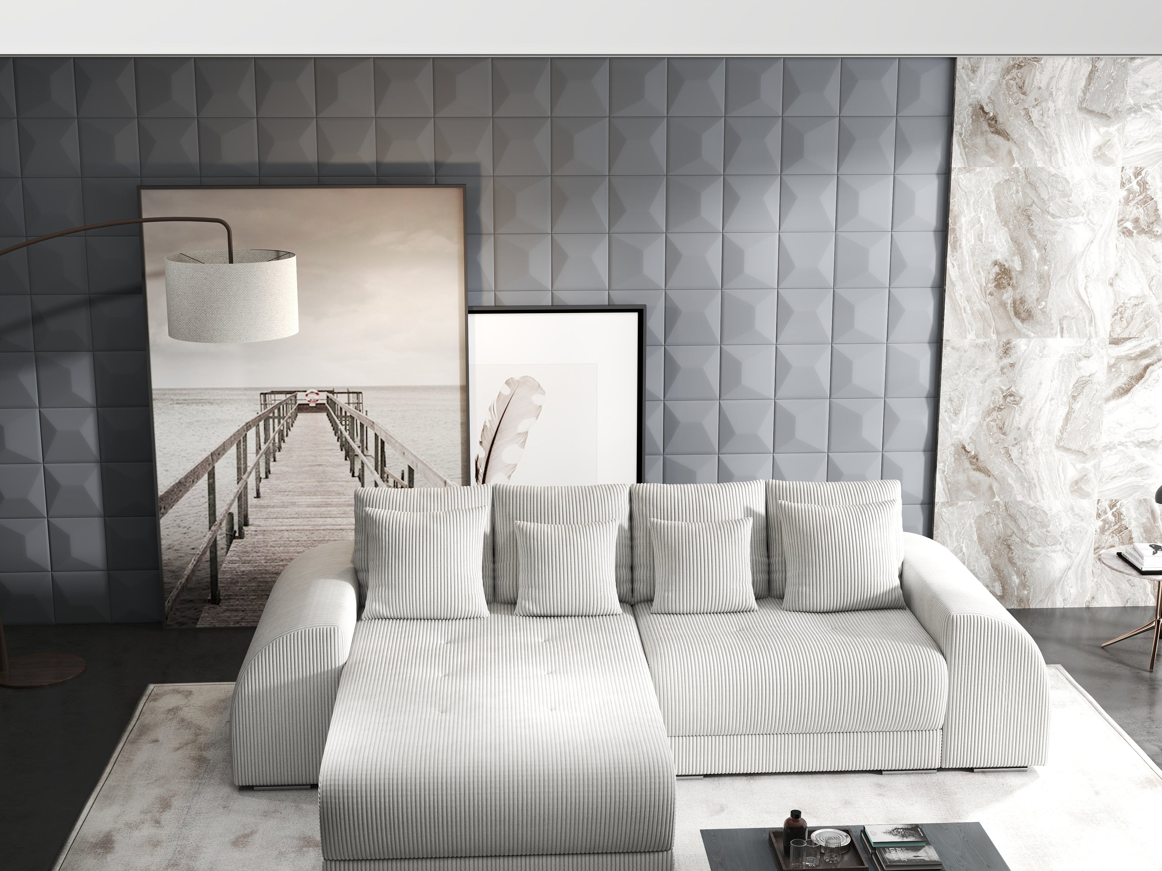 Colțar extensibil dumonde cu ladă de depozitare si sezut confortabil din spuma high-density, Verona Zoom Crem 290x185 cm