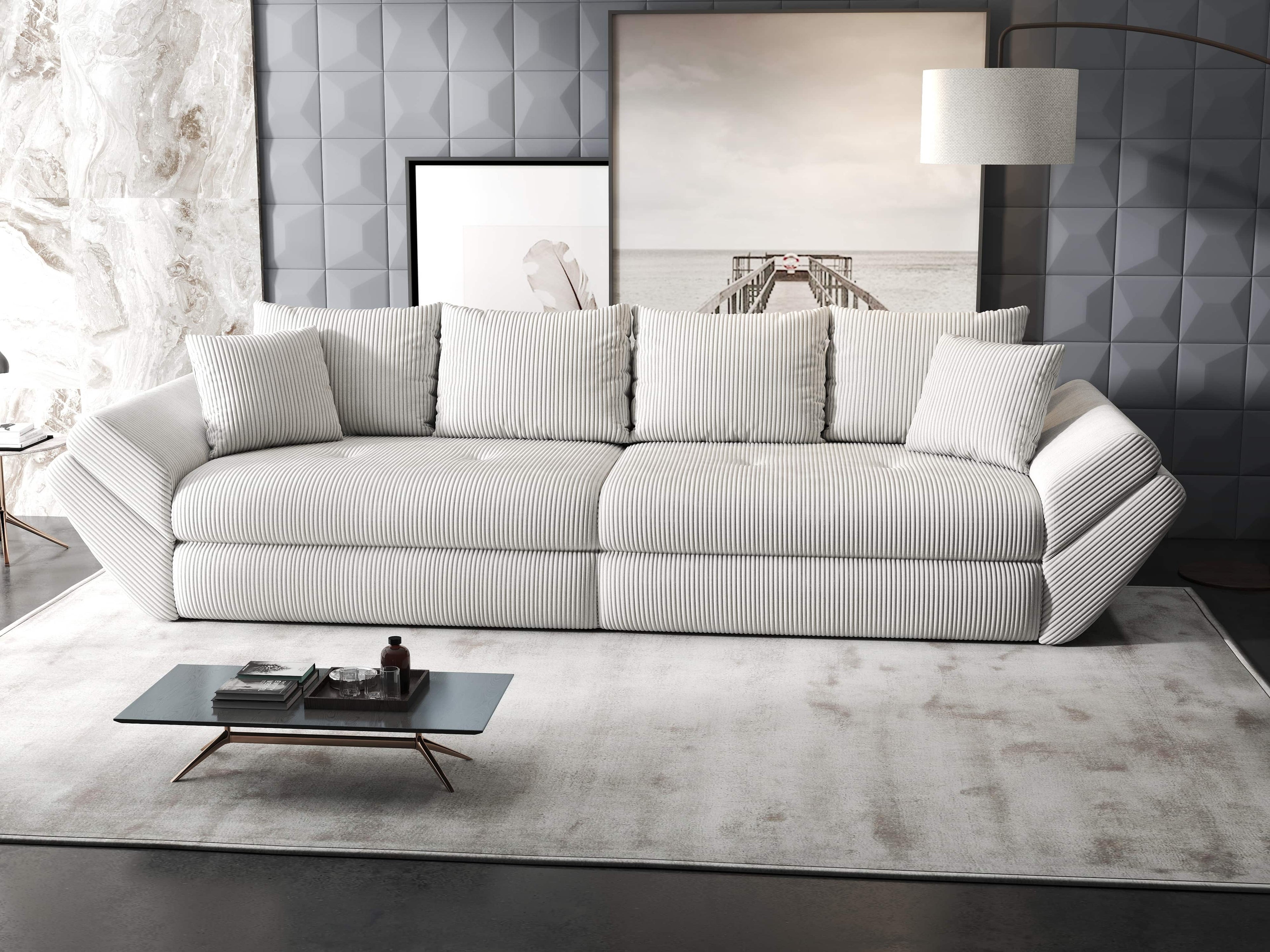 Canapea extensibilă dumonde cu ladă de depozitare si sezut confortabil din spuma high-density, Loana Zoom Cream 300x100 cm