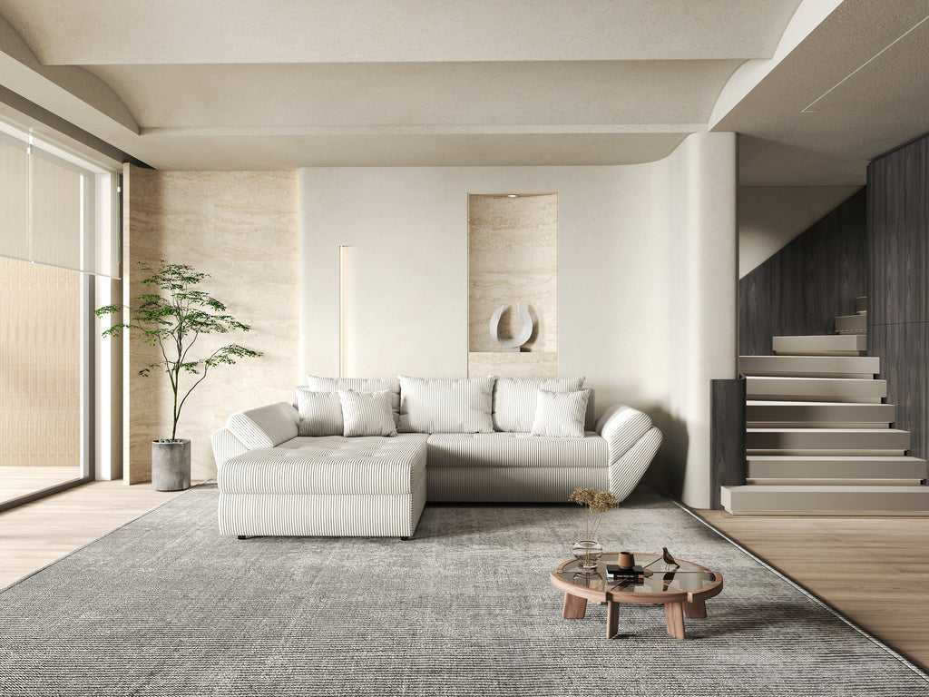 Colțar extensibil dumonde cu ladă de depozitare si sezut confortabil din spuma high-density, Loana Zoom Crem 270x185 cm