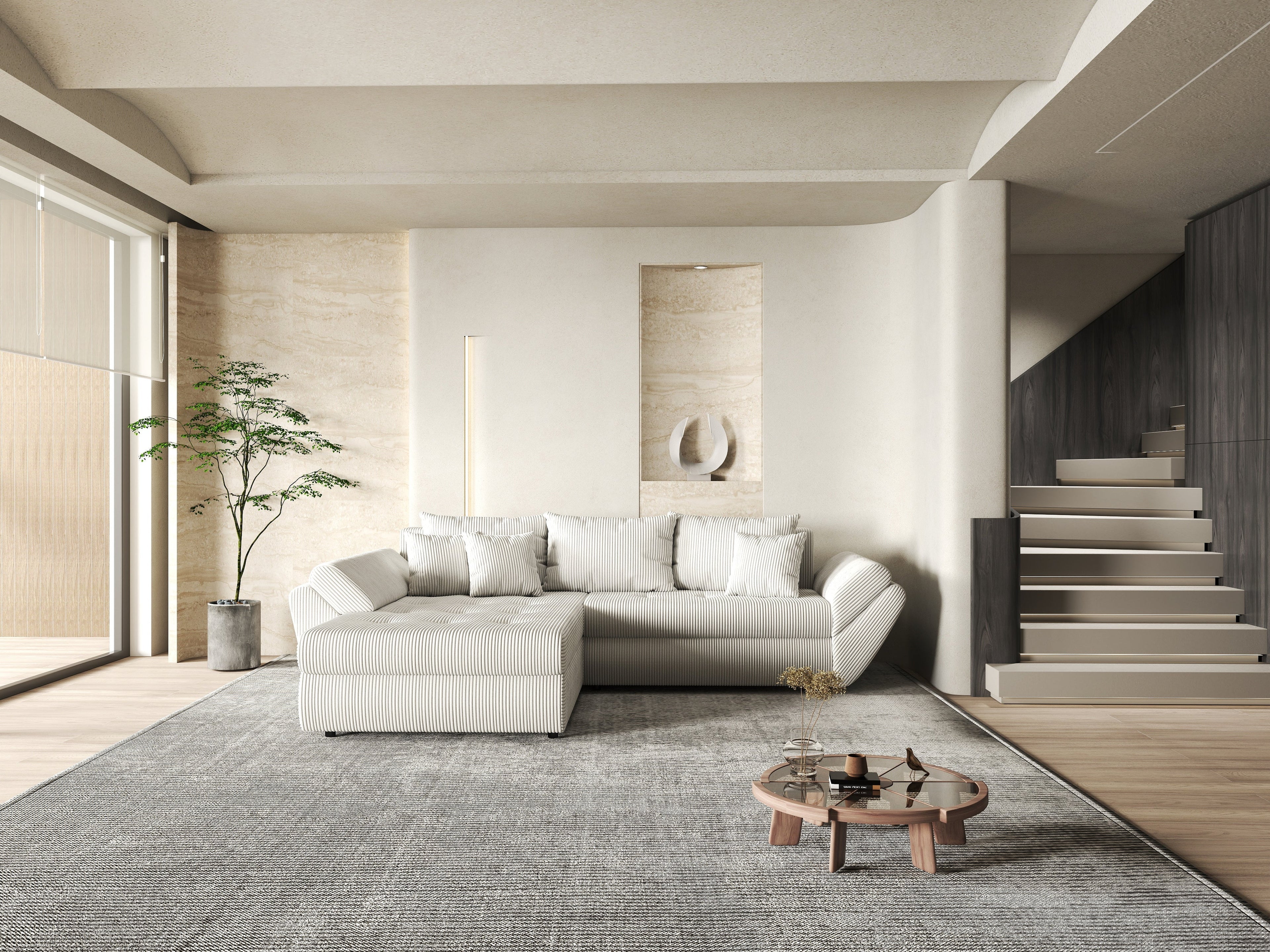 Colțar extensibil dumonde cu ladă de depozitare si sezut confortabil din spuma high-density, Loana Zoom Crem 270x185 cm
