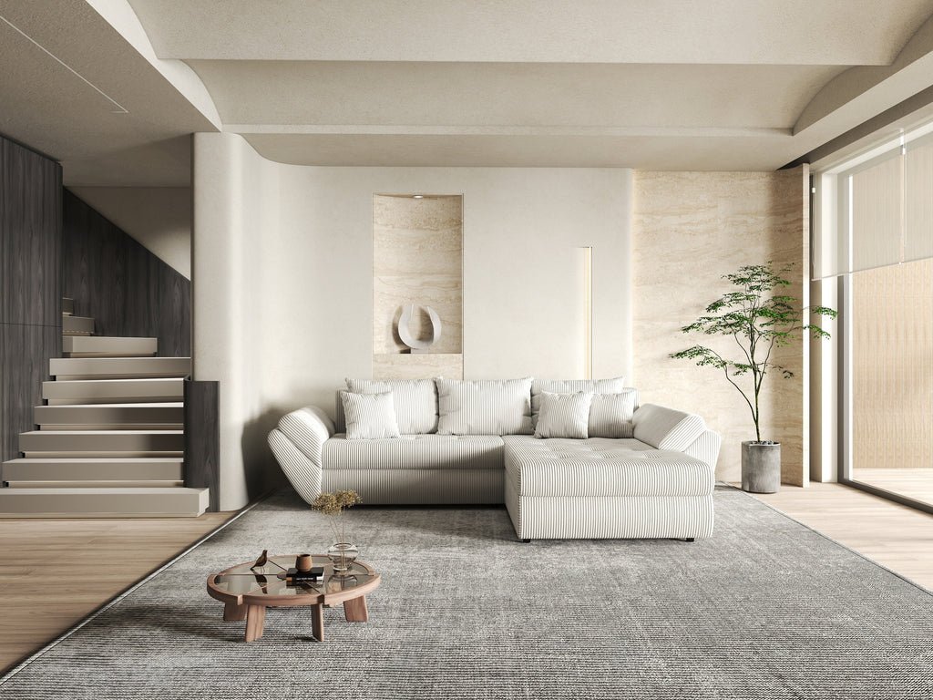 Colțar extensibil dumonde cu ladă de depozitare si sezut confortabil din spuma high-density, Loana Zoom Crem II 270x185 cm